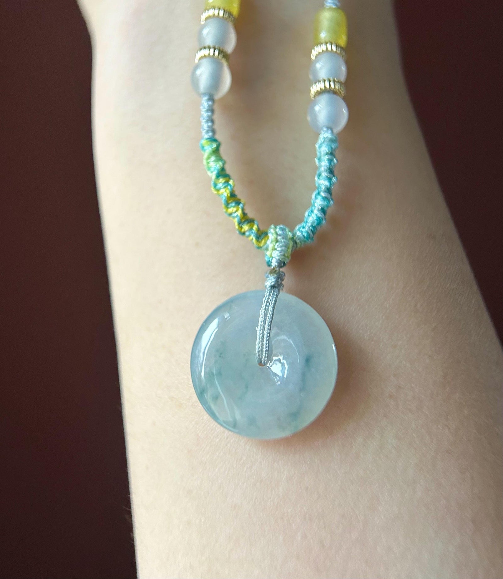 Natural Jadeite Lucky Donut Pendant Handwoven Necklace Burmese Type A Icy Light Lavender Blue Floral Jade PingAnKou 21.7 x 5mm