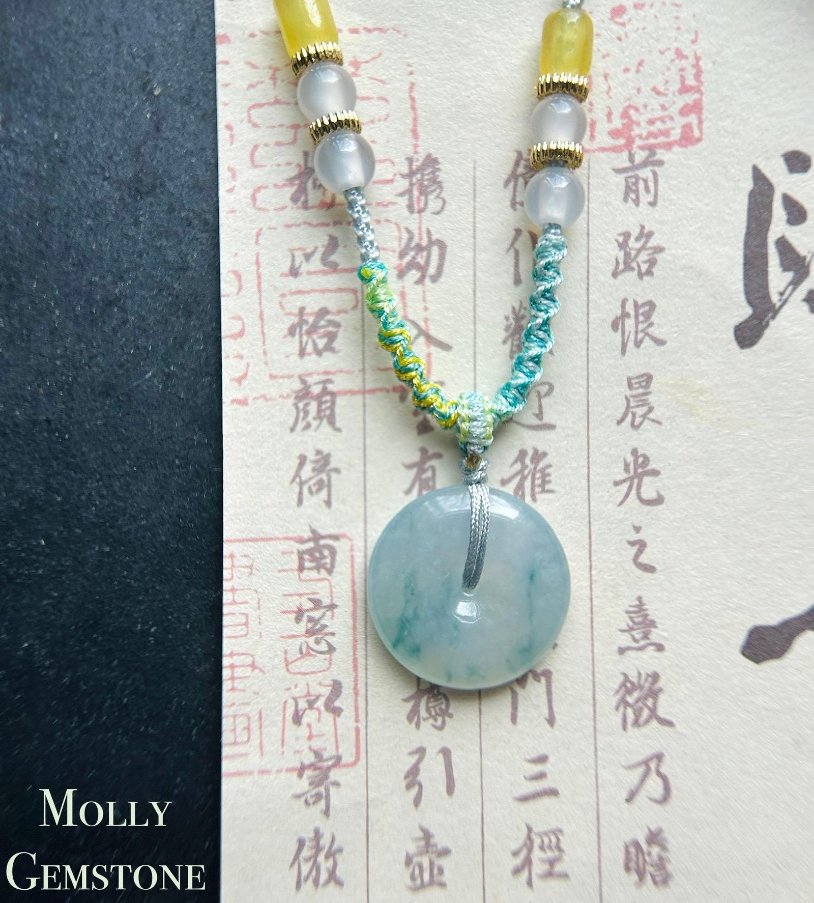 Natural Jadeite Lucky Donut Pendant Handwoven Necklace Burmese Type A Icy Light Lavender Blue Floral Jade PingAnKou 21.7 x 5mm