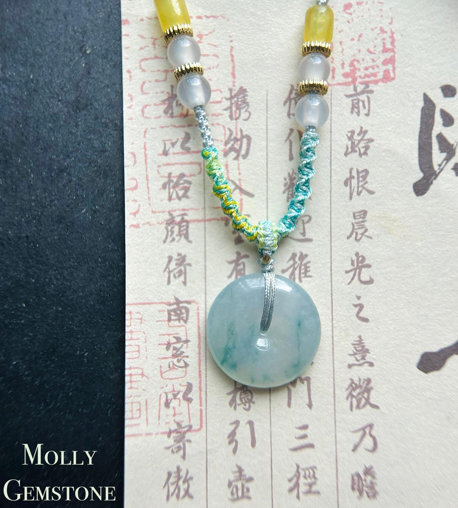 Natural Jadeite Lucky Donut Pendant Handwoven Necklace Burmese Type A Icy Light Lavender Blue Floral Jade PingAnKou 21.7 x 5mm