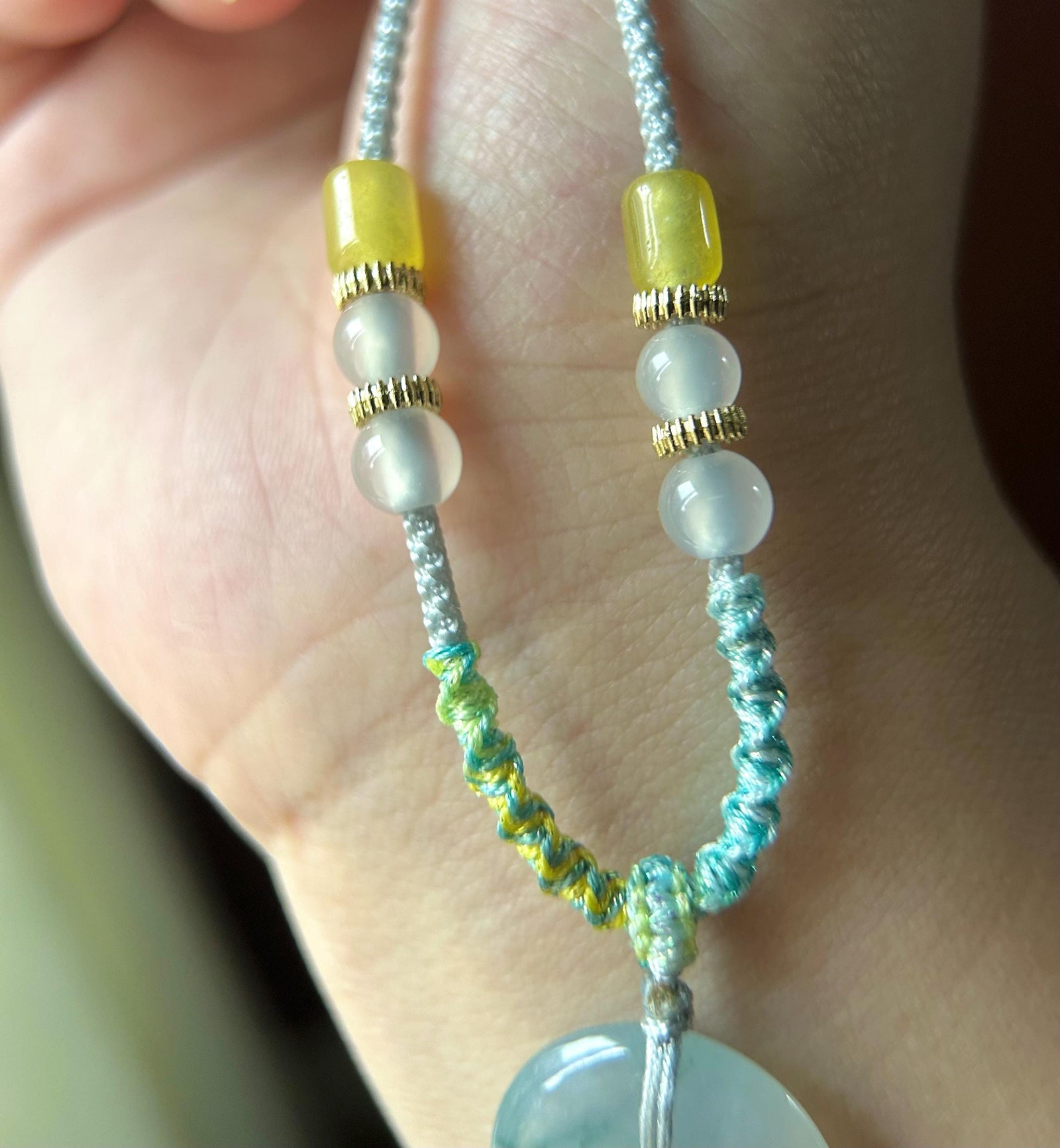 Natural Jadeite Lucky Donut Pendant Handwoven Necklace Burmese Type A Icy Light Lavender Blue Floral Jade PingAnKou 21.7 x 5mm