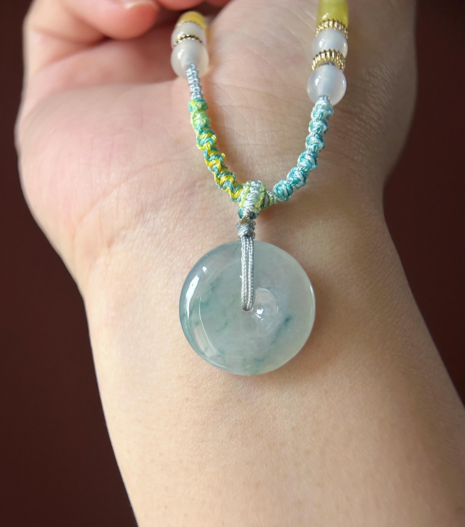 Natural Jadeite Lucky Donut Pendant Handwoven Necklace Burmese Type A Icy Light Lavender Blue Floral Jade PingAnKou 21.7 x 5mm