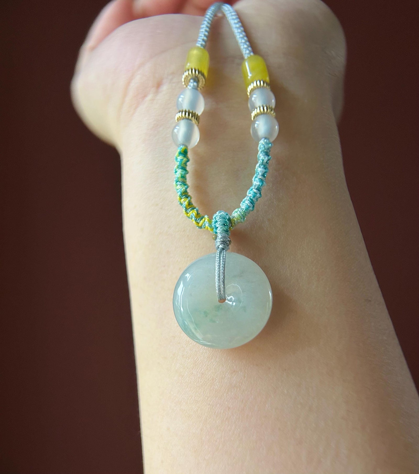 Natural Jadeite Lucky Donut Pendant Handwoven Necklace Burmese Type A Icy White & Green Floral Jade PingAnKou 21.2x6.2mm
