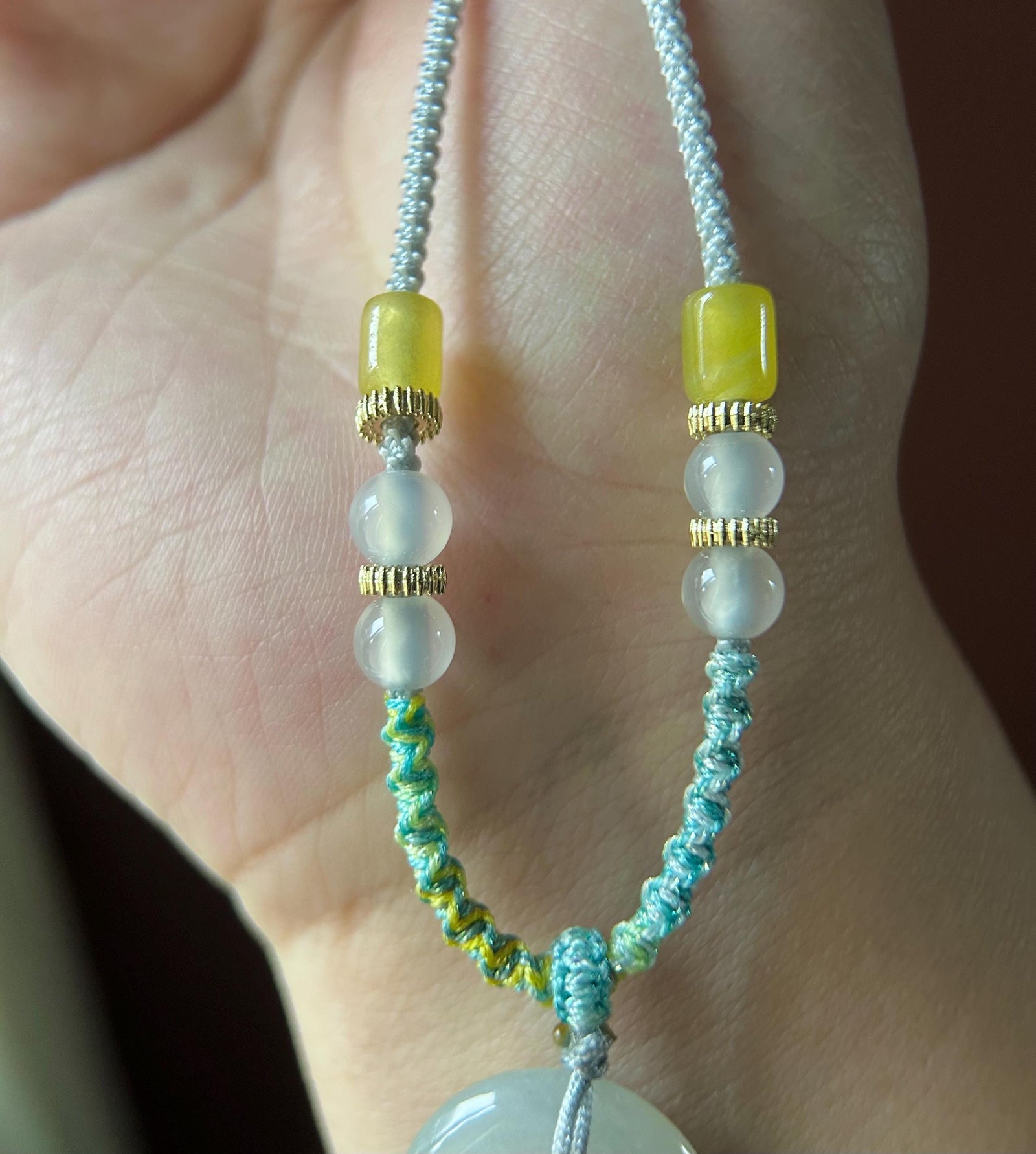 Natural Jadeite Lucky Donut Pendant Handwoven Necklace Burmese Type A Icy White & Green Floral Jade PingAnKou 21.2x6.2mm