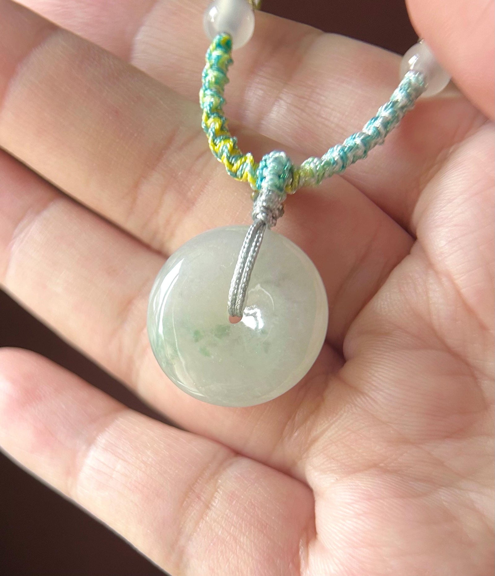 Natural Jadeite Lucky Donut Pendant Handwoven Necklace Burmese Type A Icy White & Green Floral Jade PingAnKou 21.2x6.2mm