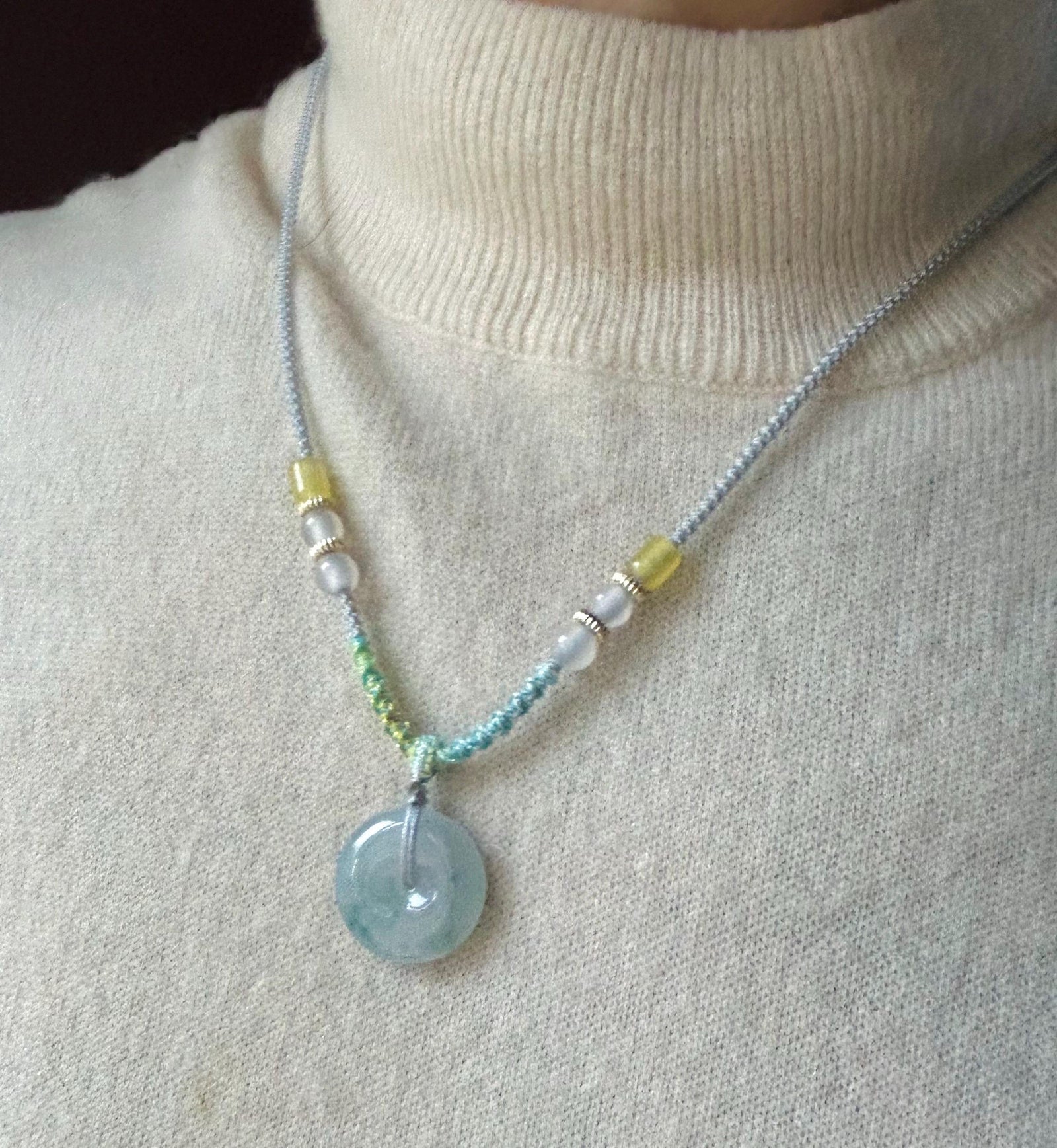 Natural Jadeite Lucky Donut Pendant Handwoven Necklace Burmese Type A Icy Light Lavender Blue Floral Jade PingAnKou 21.7 x 5mm