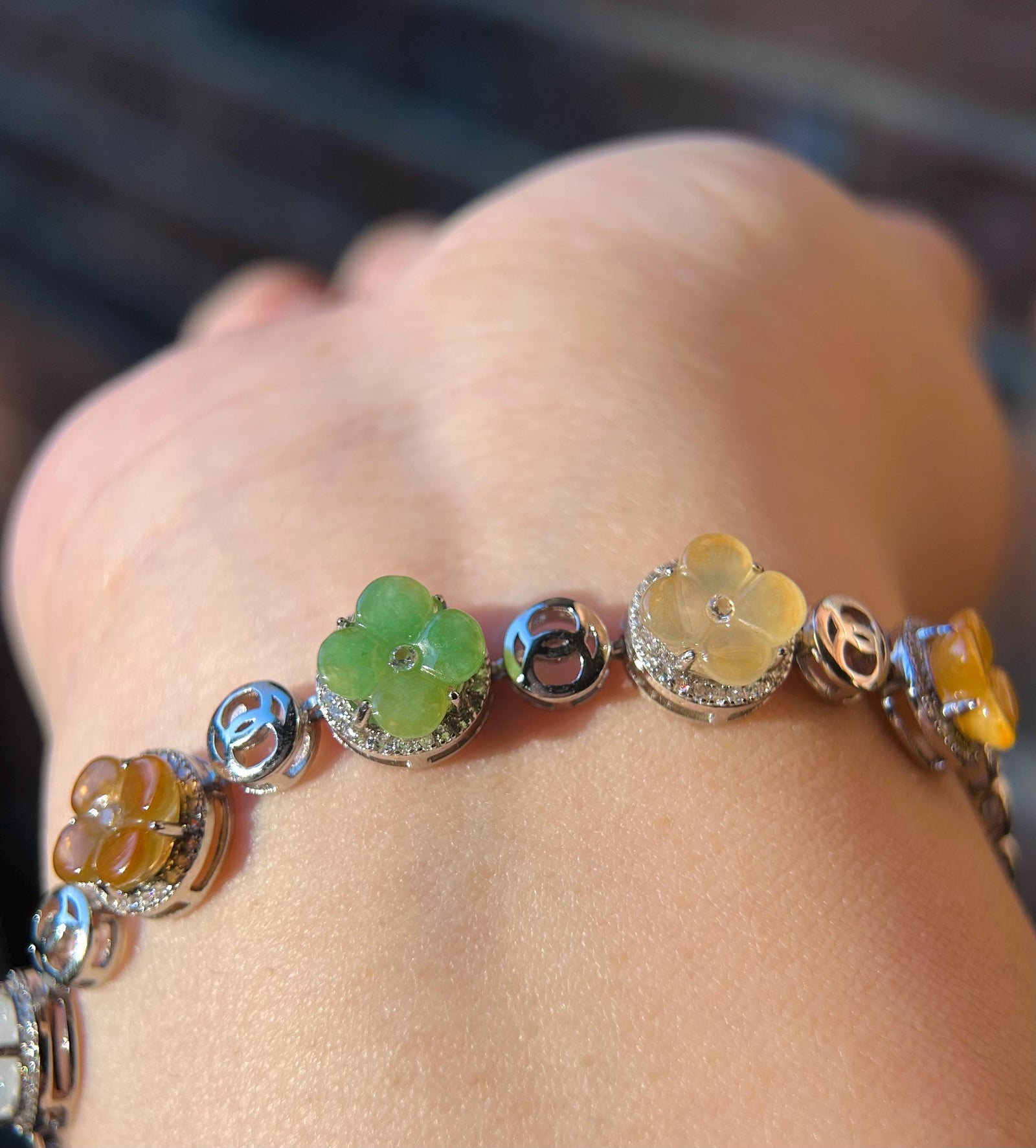 Natura Jadeite Handmade Osmanthus Flower Sterling Silver Bracelet - Certified Untreated Burmese Type A Highly Translucent Multicolor Jade