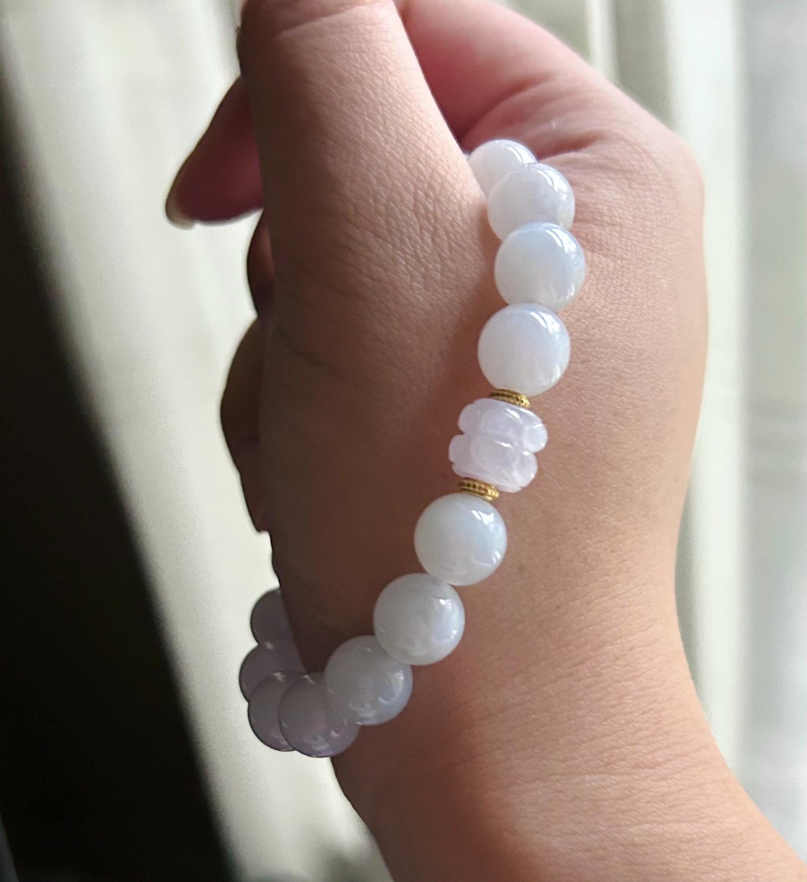 Jadeite Beaded Bracelet Handmade Jewelry Gift Natural Burmese Type A Icy Translucent Jadeite Pale Blue Lavender & Pink Jade 10mm