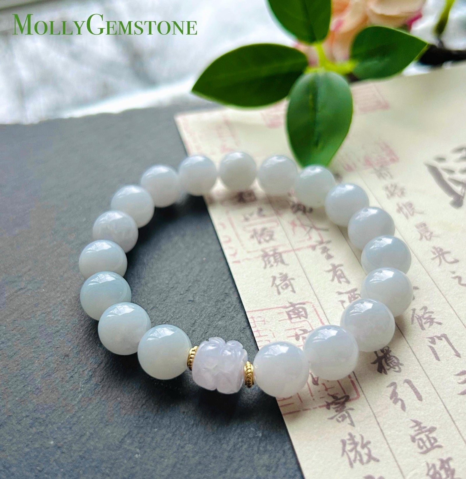 Jadeite Beaded Bracelet Handmade Jewelry Gift Natural Burmese Type A Icy Translucent Jadeite Pale Blue Lavender & Pink Jade 10mm