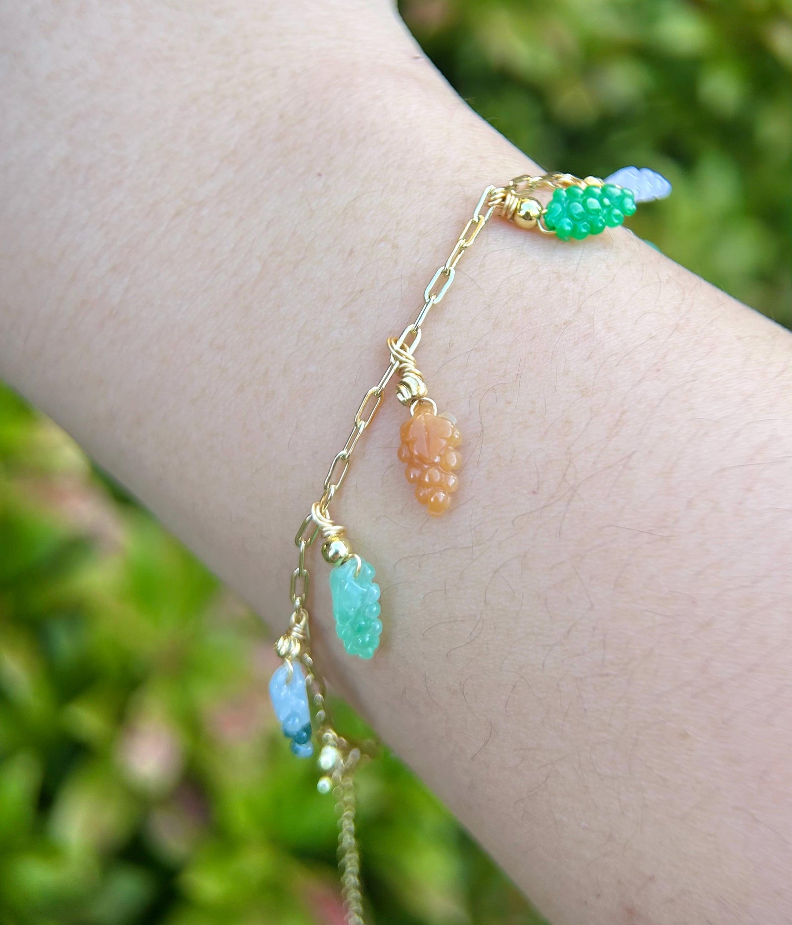 Certified Natural Jadeite Grapes & 18k Gold Plated Brass Handmade Bracelet/Anklet - Burmese Type A High Translucency Multicolor Jade