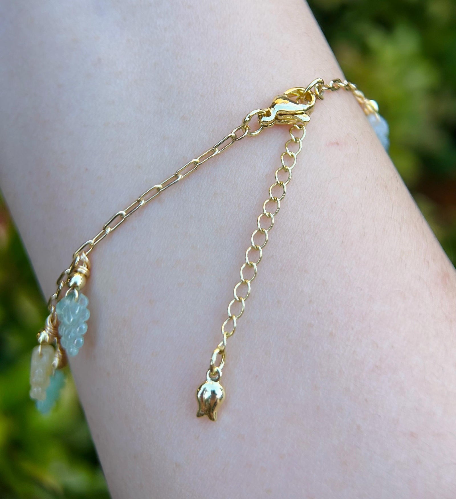 Certified Natural Jadeite Grapes & 18k Gold Plated Brass Handmade Bracelet/Anklet - Burmese Type A High Translucency Multicolor Jade