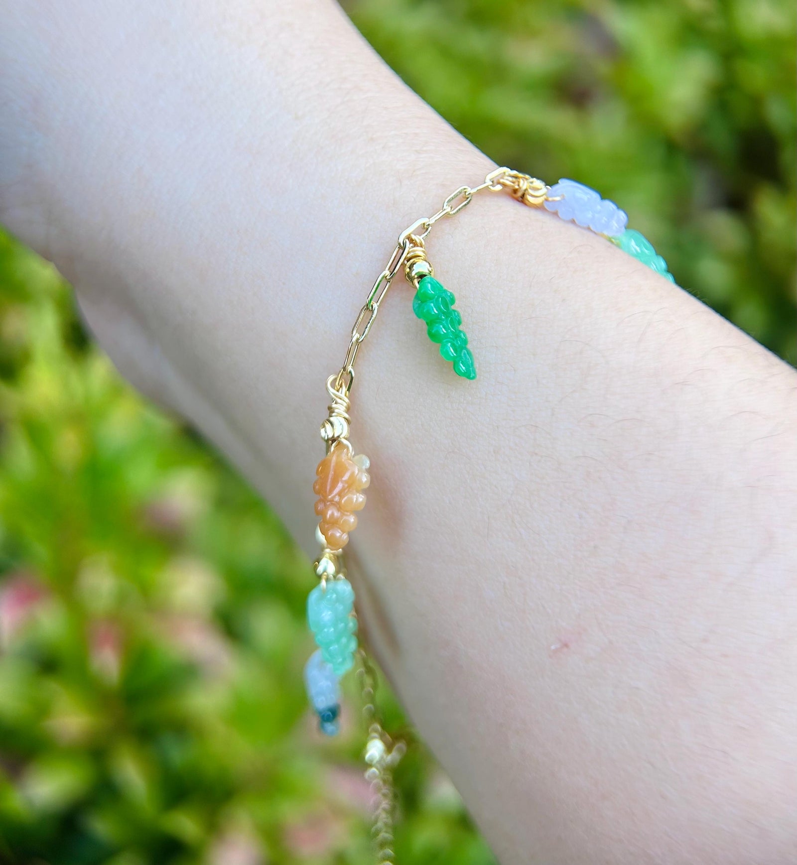 Certified Natural Jadeite Grapes & 18k Gold Plated Brass Handmade Bracelet/Anklet - Burmese Type A High Translucency Multicolor Jade