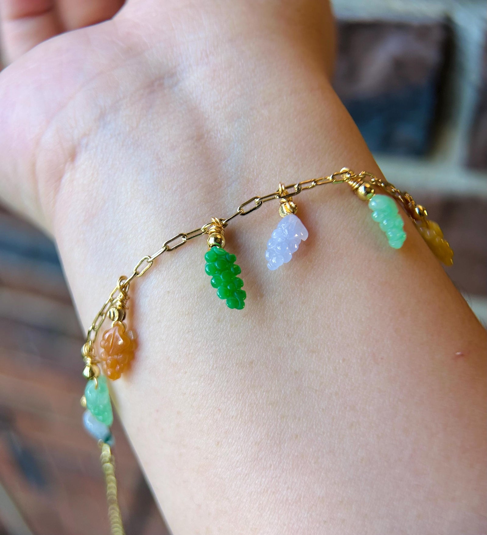 Certified Natural Jadeite Grapes & 18k Gold Plated Brass Handmade Bracelet/Anklet - Burmese Type A High Translucency Multicolor Jade
