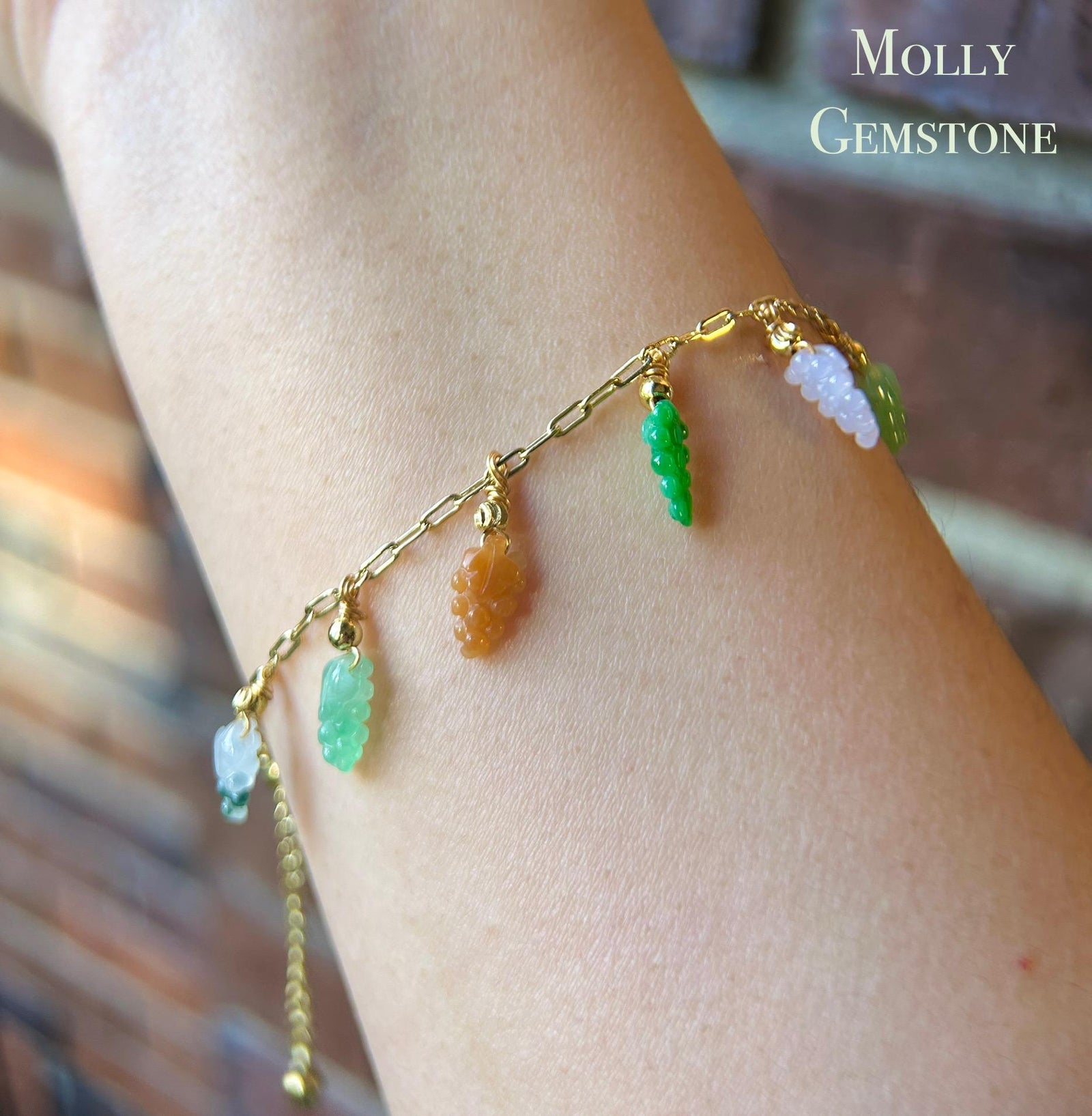 Certified Natural Jadeite Grapes & 18k Gold Plated Brass Handmade Bracelet/Anklet - Burmese Type A High Translucency Multicolor Jade