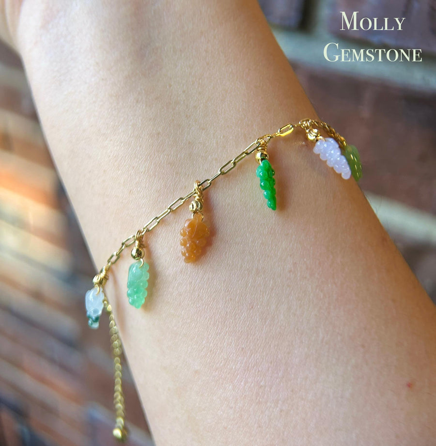Certified Natural Jadeite Grapes & 18k Gold Plated Brass Handmade Bracelet/Anklet - Burmese Type A High Translucency Multicolor Jade