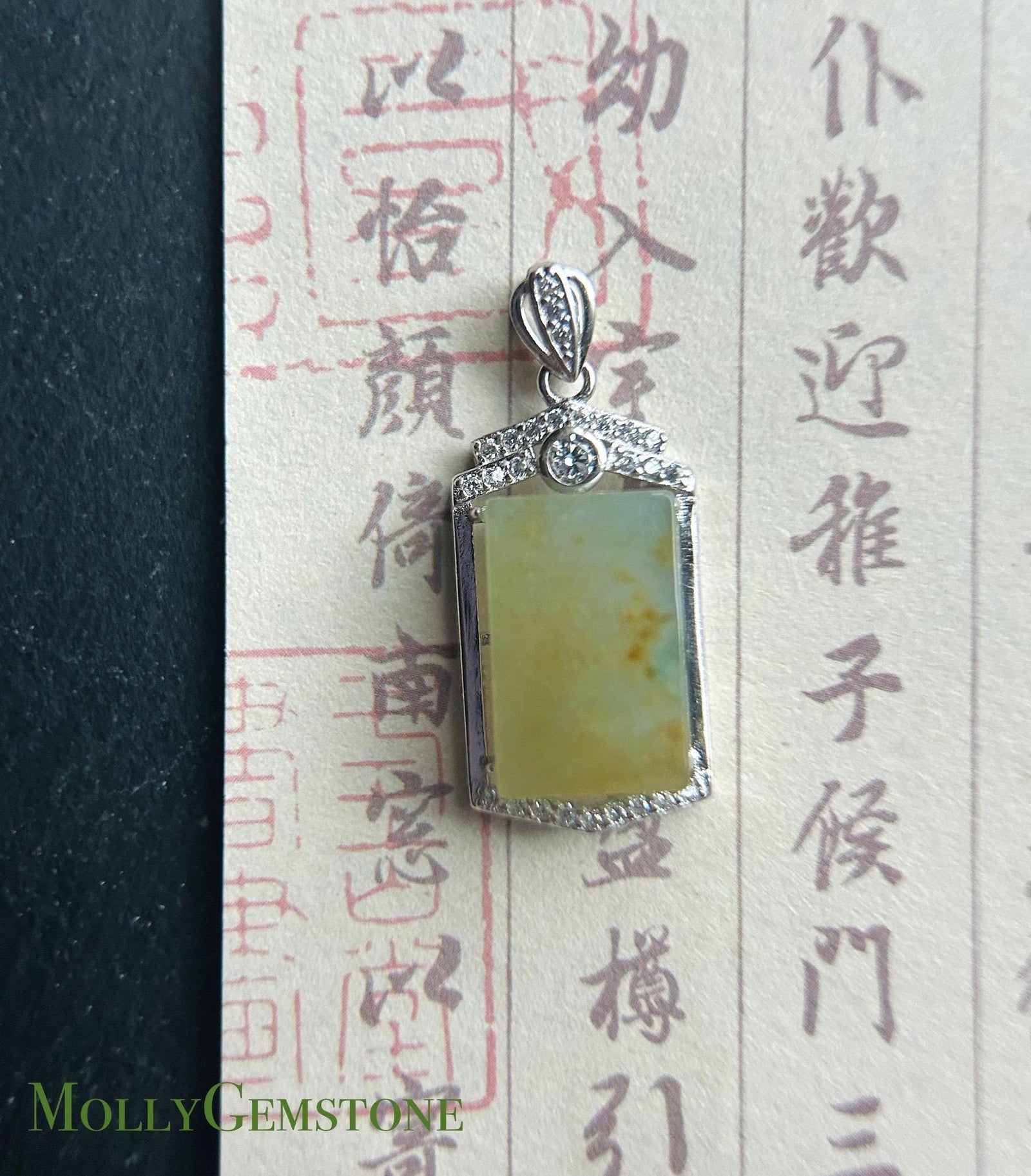 Jadeite Pendant Necklace Natural Burmese Type A Translucent Icy Yellow & Blue Floral Jade Sterling Silver Frame