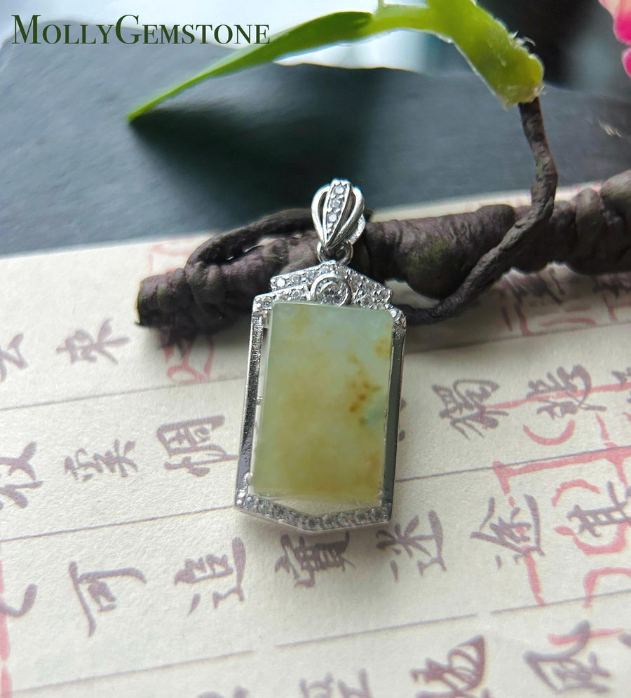Jadeite Pendant Necklace Natural Burmese Type A Translucent Icy Yellow & Blue Floral Jade Sterling Silver Frame