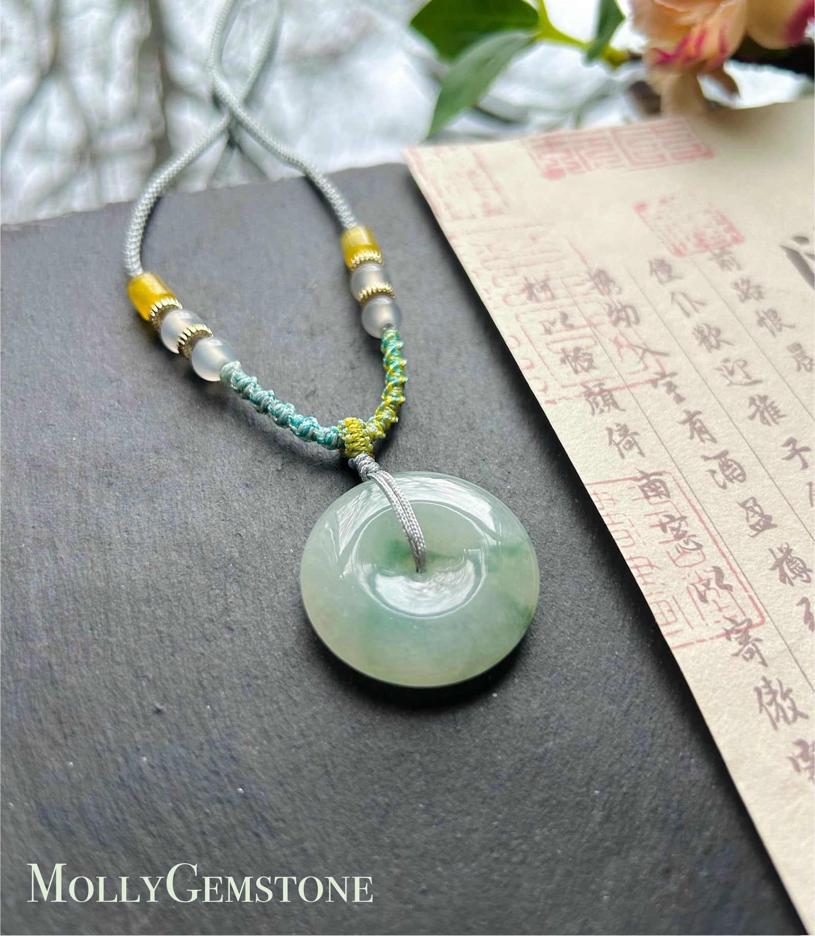 Natural Jadeite Jade Lucky Donut Pendant Handwoven Necklace Burmese Type A Icy Green Floral Jade PingAnKou 29.5x6.5mm