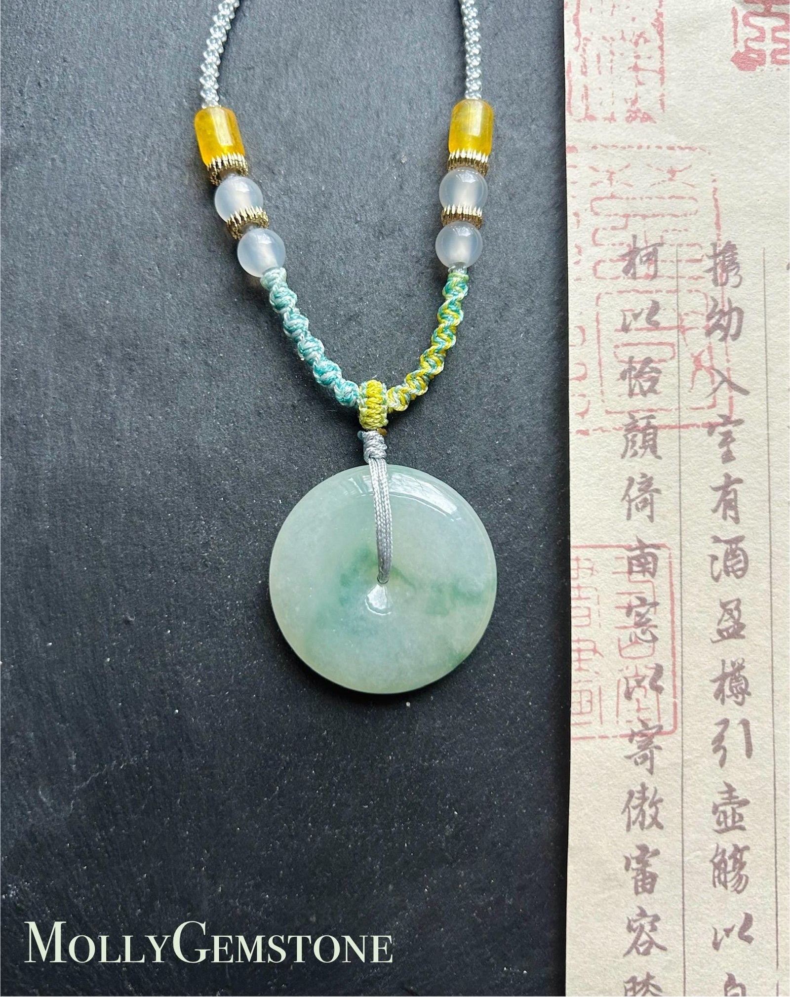 Natural Jadeite Jade Lucky Donut Pendant Handwoven Necklace Burmese Type A Icy Green Floral Jade PingAnKou 29.5x6.5mm