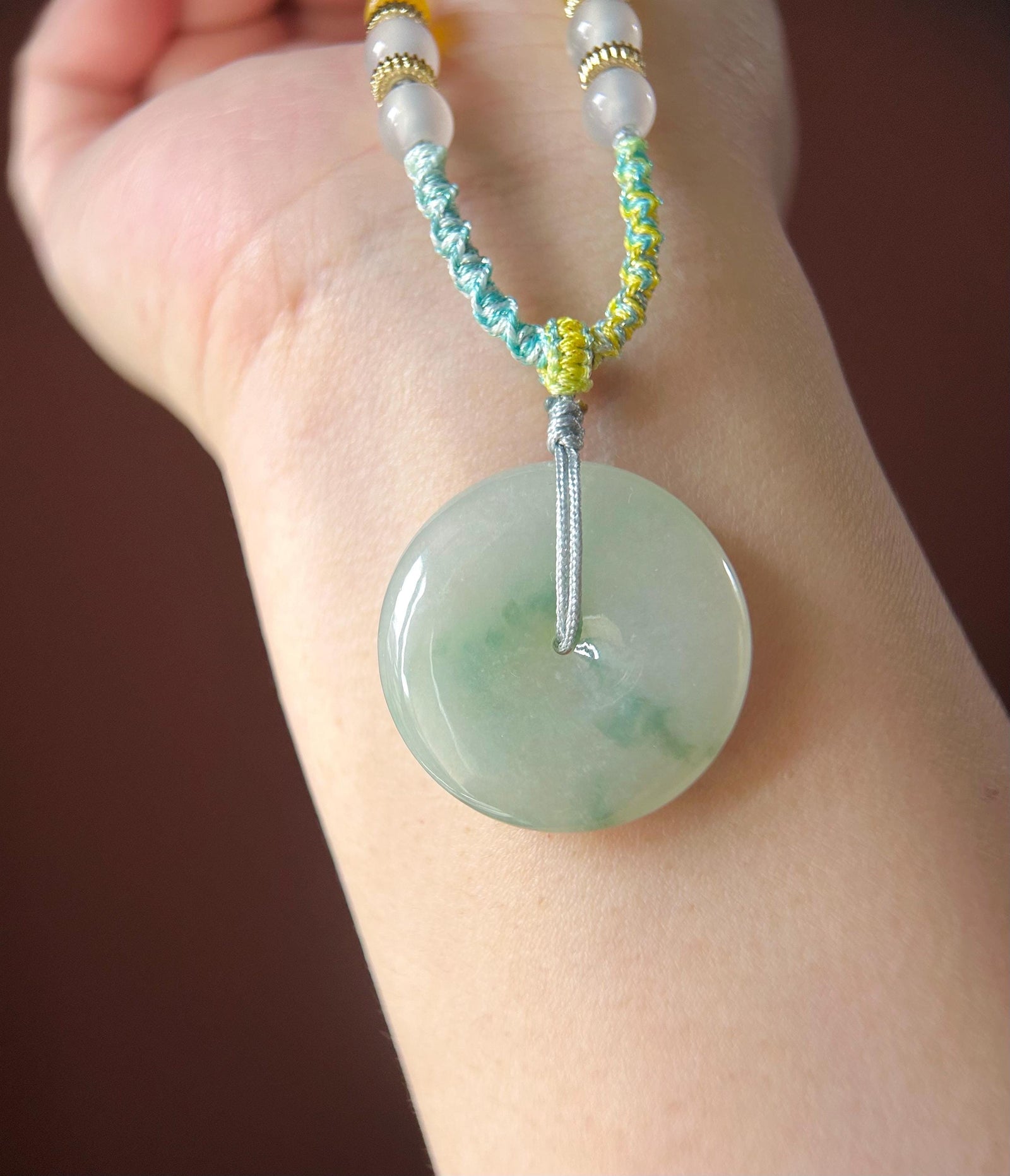 Natural Jadeite Jade Lucky Donut Pendant Handwoven Necklace Burmese Type A Icy Green Floral Jade PingAnKou 29.5x6.5mm