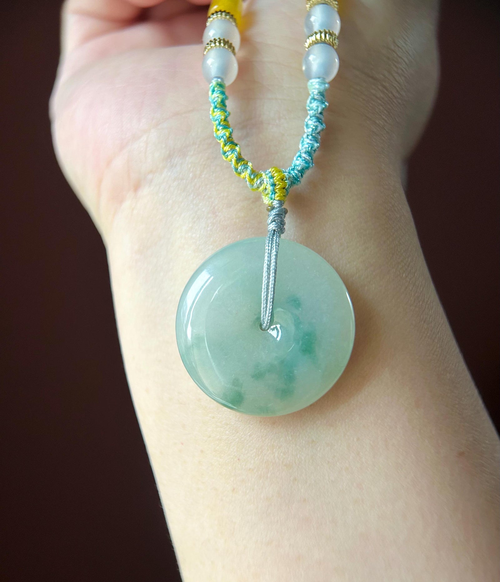 Natural Jadeite Jade Lucky Donut Pendant Handwoven Necklace Burmese Type A Icy Green Floral Jade PingAnKou 29.5x6.5mm
