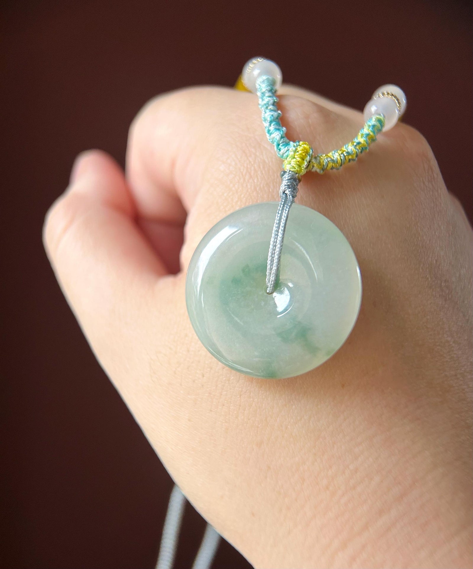 Natural Jadeite Jade Lucky Donut Pendant Handwoven Necklace Burmese Type A Icy Green Floral Jade PingAnKou 29.5x6.5mm