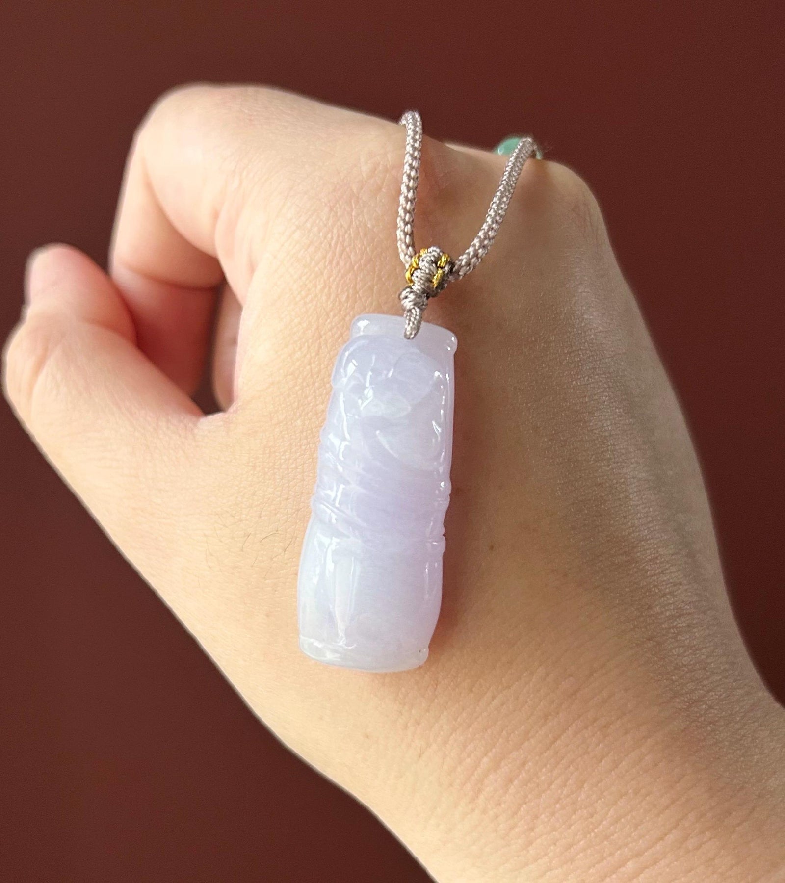 Natural Jadeite Bamboo Pendant Handwoven Necklace Burmese Type A Highly Translucent Icy Lavender Purple Jade