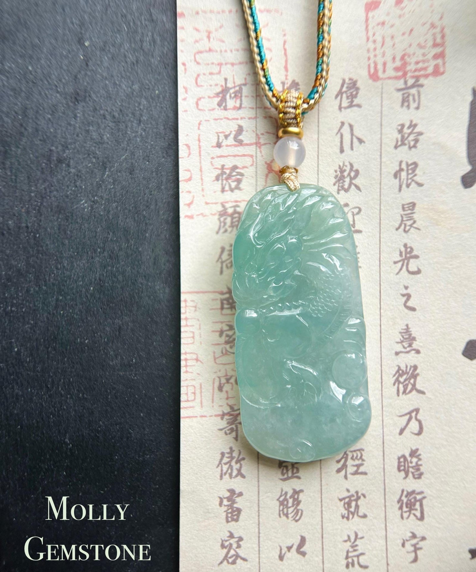 Burmese Blue Jadeite Dragon Pendant Handwoven Necklace: Hand-Carved Natural Untreated Type A Green Blue Myanmar Jade
