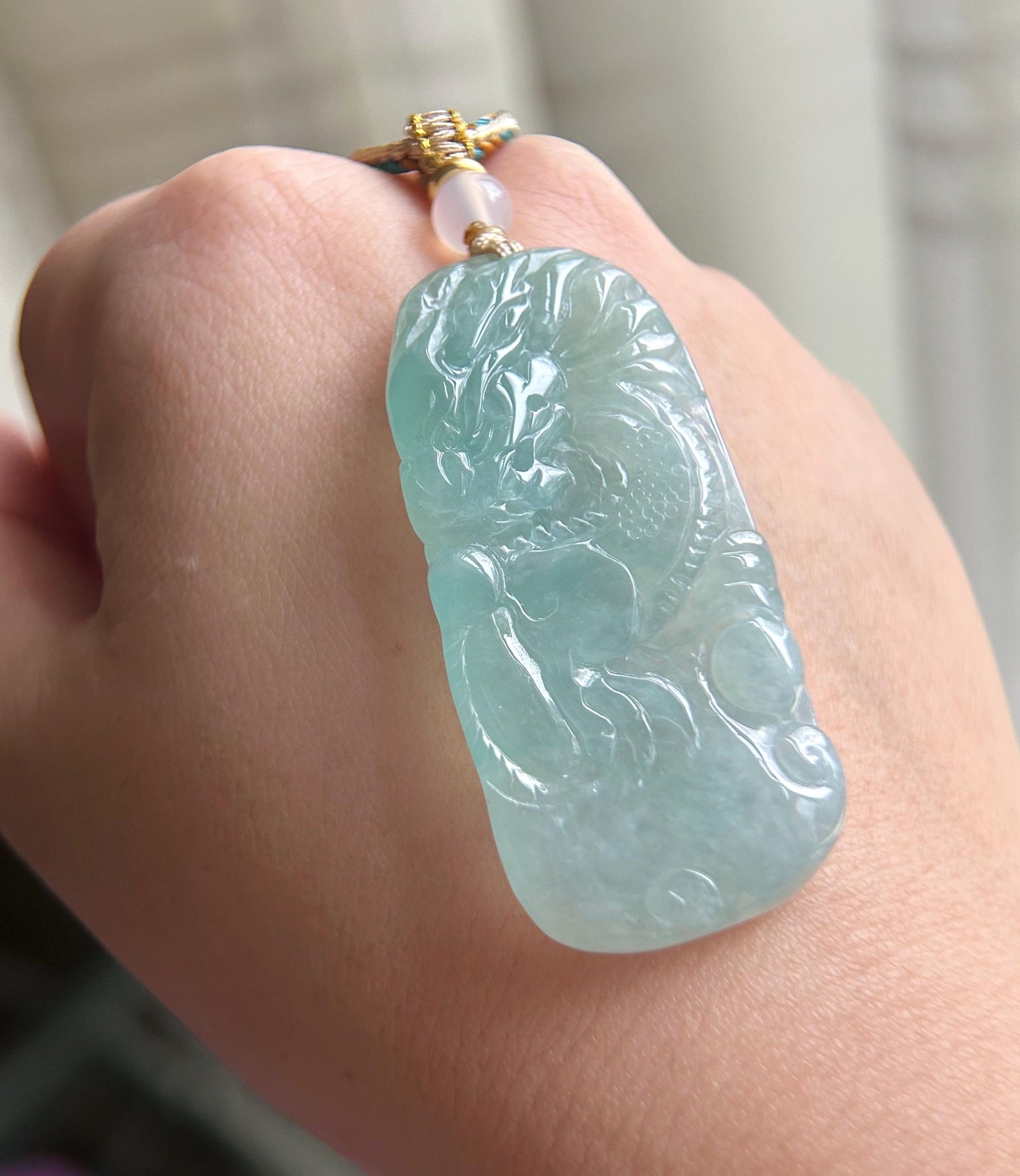 Burmese Blue Jadeite Dragon Pendant Handwoven Necklace: Hand-Carved Natural Untreated Type A Green Blue Myanmar Jade