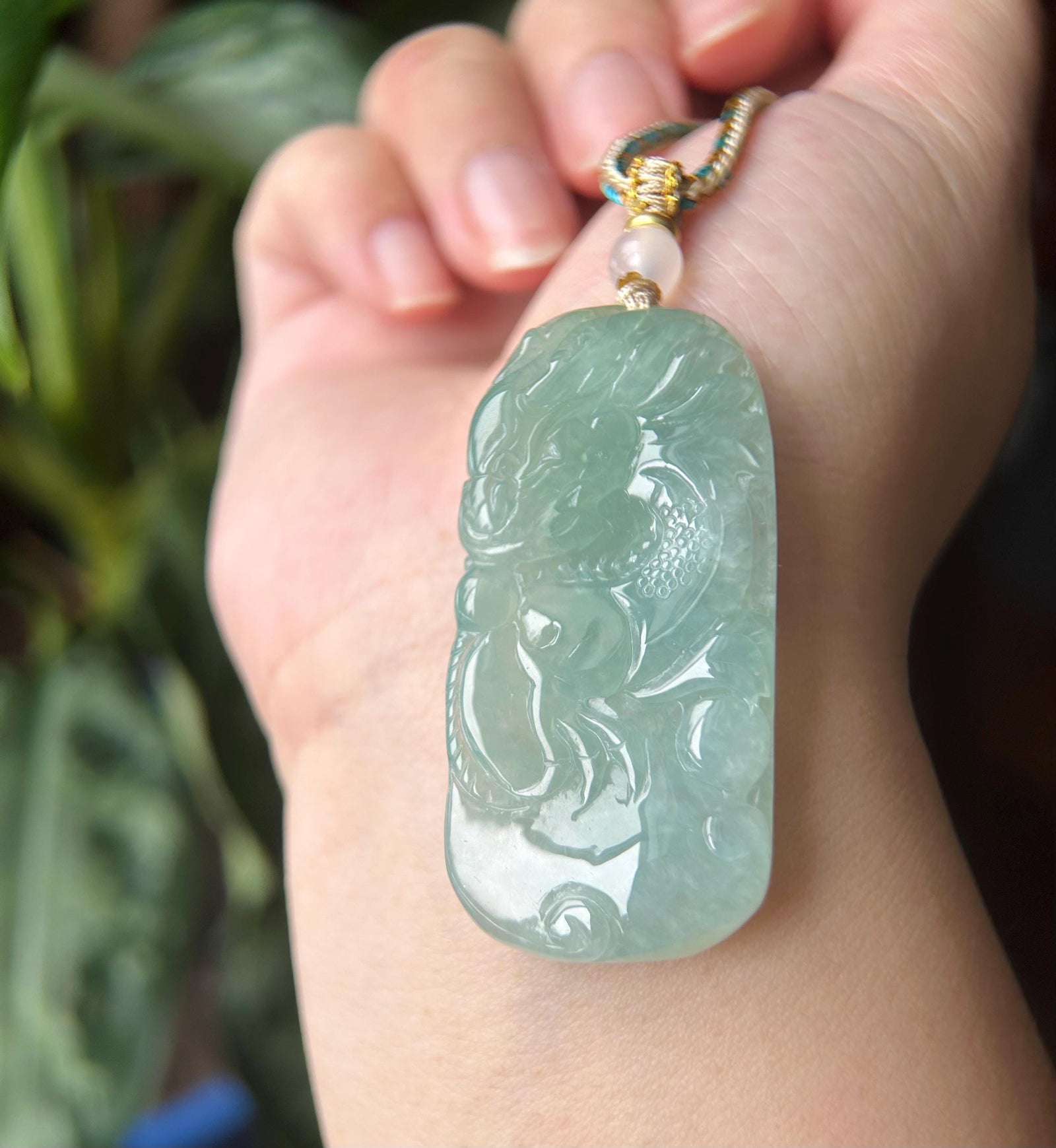 Burmese Blue Jadeite Dragon Pendant Handwoven Necklace: Hand-Carved Natural Untreated Type A Green Blue Myanmar Jade