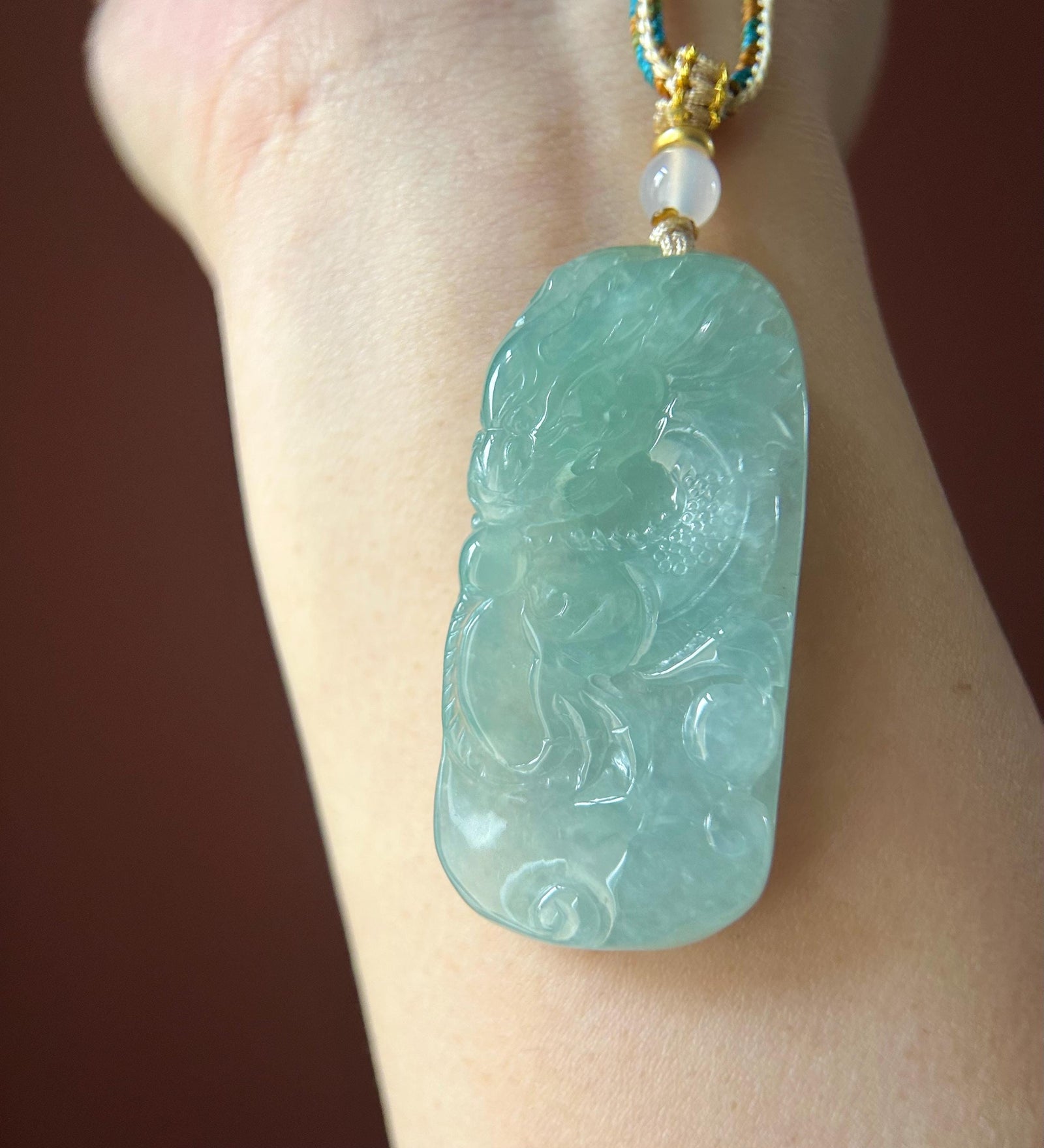 Burmese Blue Jadeite Dragon Pendant Handwoven Necklace: Hand-Carved Natural Untreated Type A Green Blue Myanmar Jade