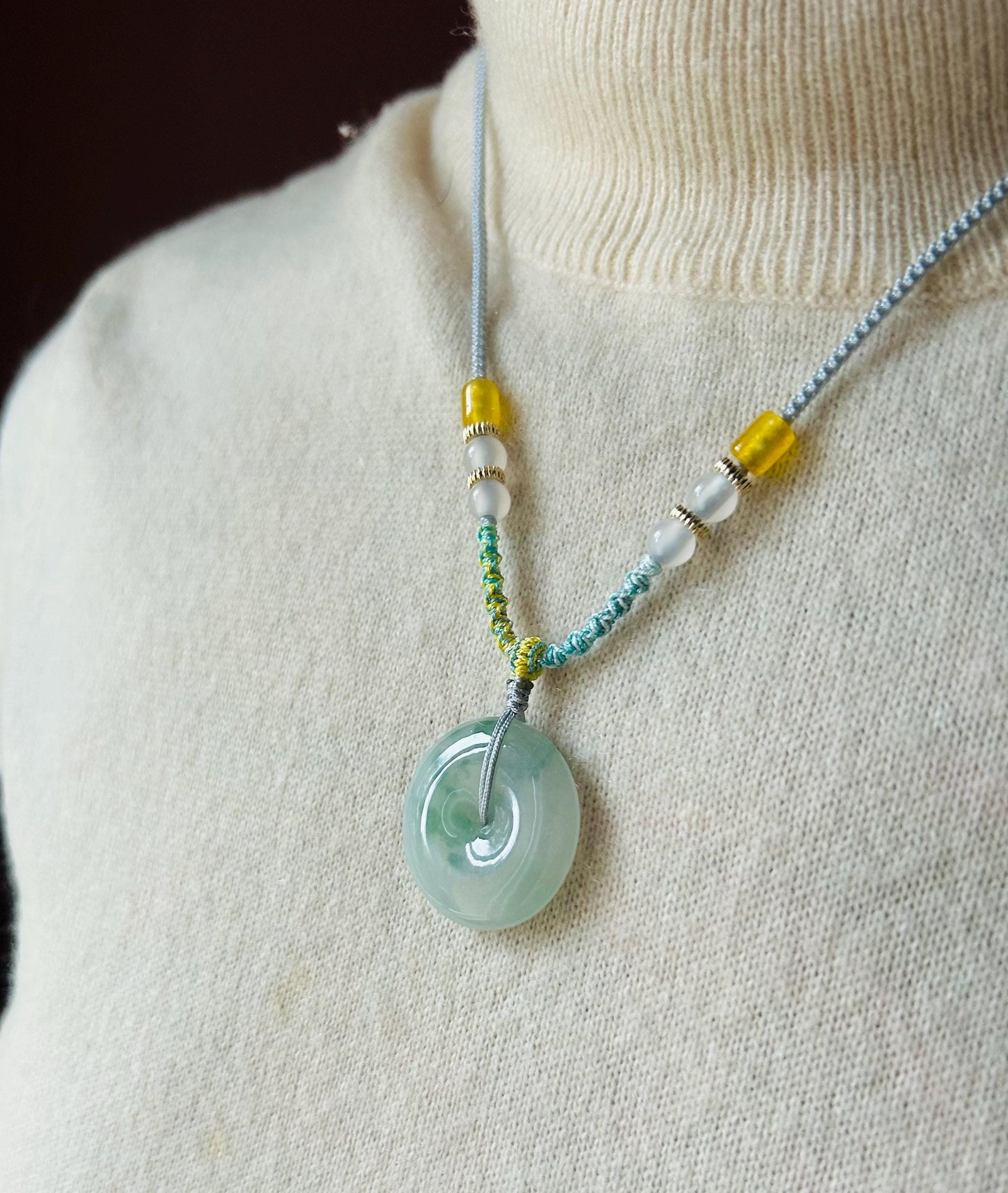Natural Jadeite Jade Lucky Donut Pendant Handwoven Necklace Burmese Type A Icy Green Floral Jade PingAnKou 29.5x6.5mm