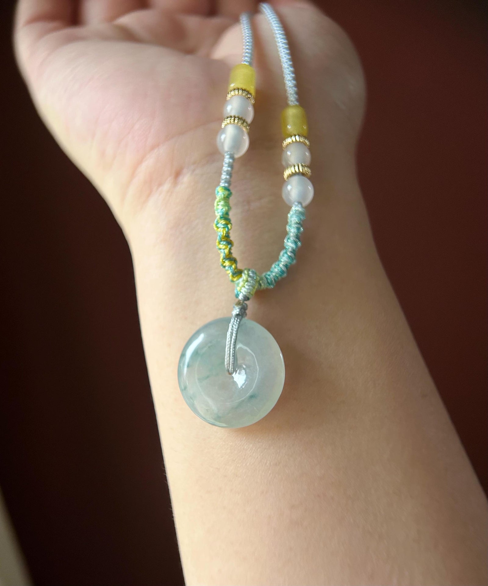 Natural Jadeite Lucky Donut Pendant Handwoven Necklace Burmese Type A Icy Light Lavender Blue Floral Jade PingAnKou 21.7 x 5mm