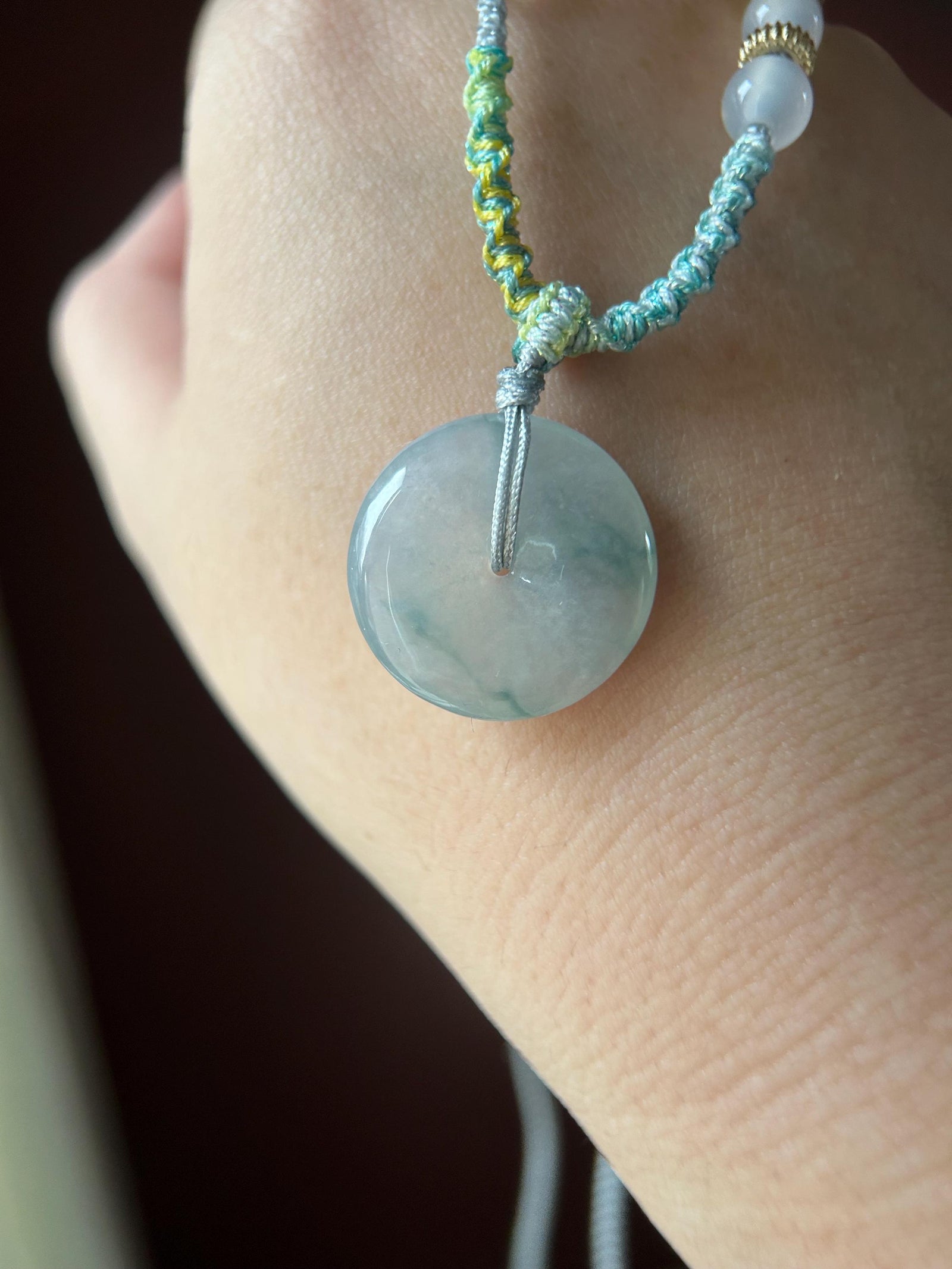 Natural Jadeite Lucky Donut Pendant Handwoven Necklace Burmese Type A Icy Light Lavender Blue Floral Jade PingAnKou 21.7 x 5mm