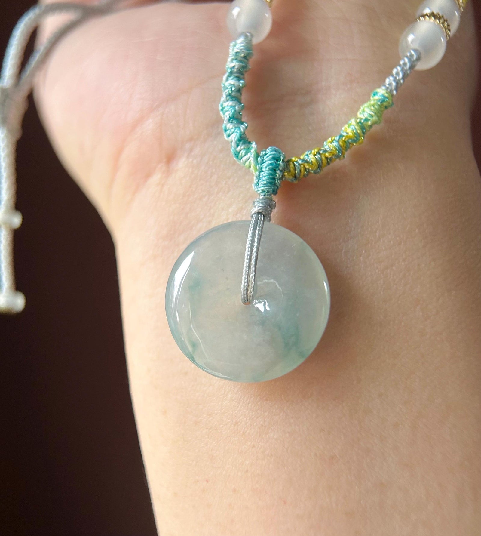 Natural Jadeite Lucky Donut Pendant Handwoven Necklace Burmese Type A Icy Light Lavender Blue Floral Jade PingAnKou 21.7 x 5mm