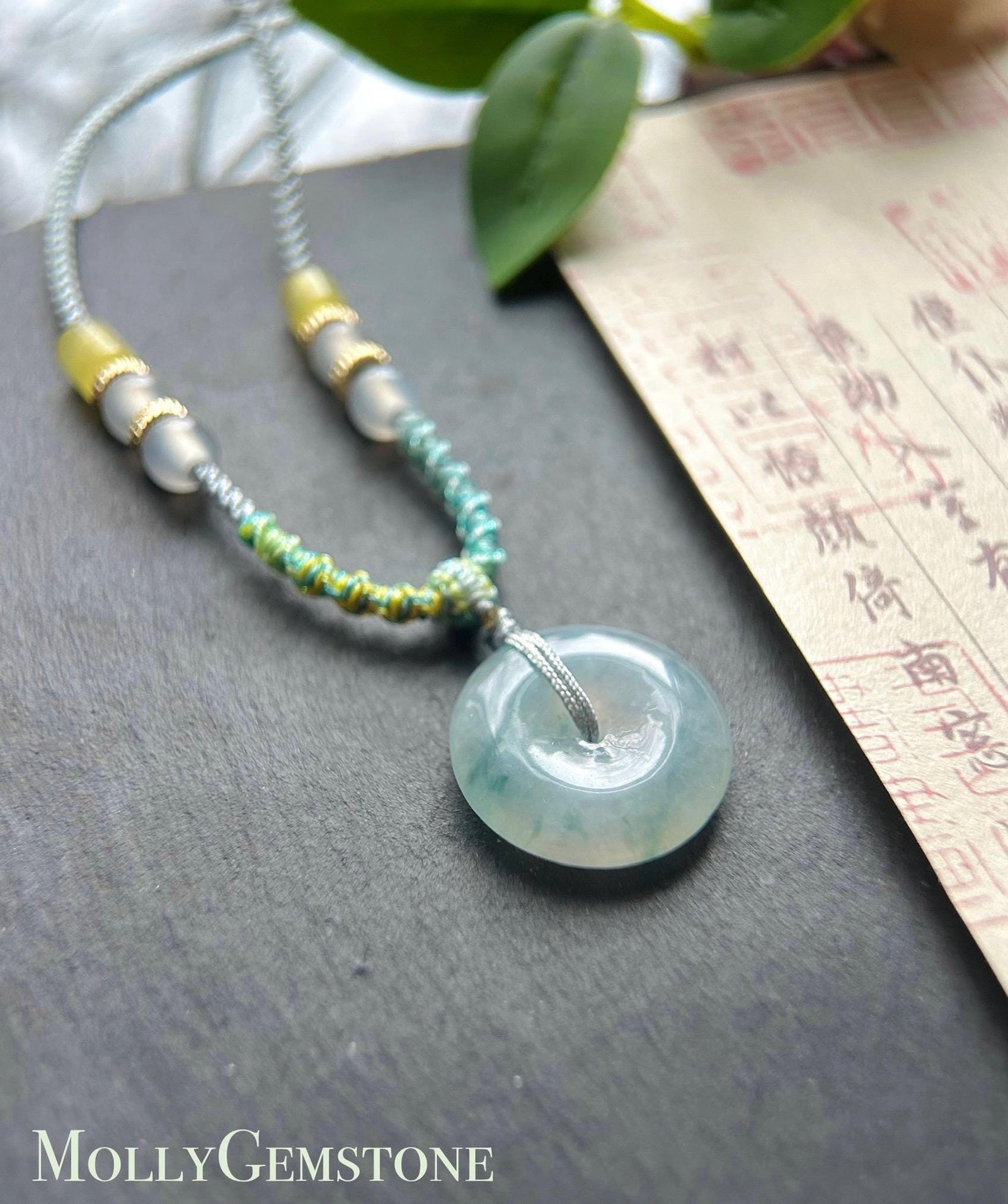 Natural Jadeite Lucky Donut Pendant Handwoven Necklace Burmese Type A Icy Light Lavender Blue Floral Jade PingAnKou 21.7 x 5mm