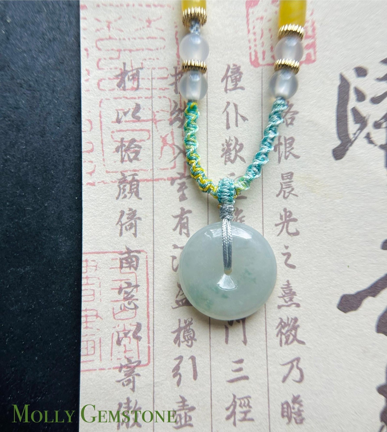 Natural Jadeite Lucky Donut Pendant Handwoven Necklace Burmese Type A Icy White & Green Floral Jade PingAnKou 21.2x6.2mm