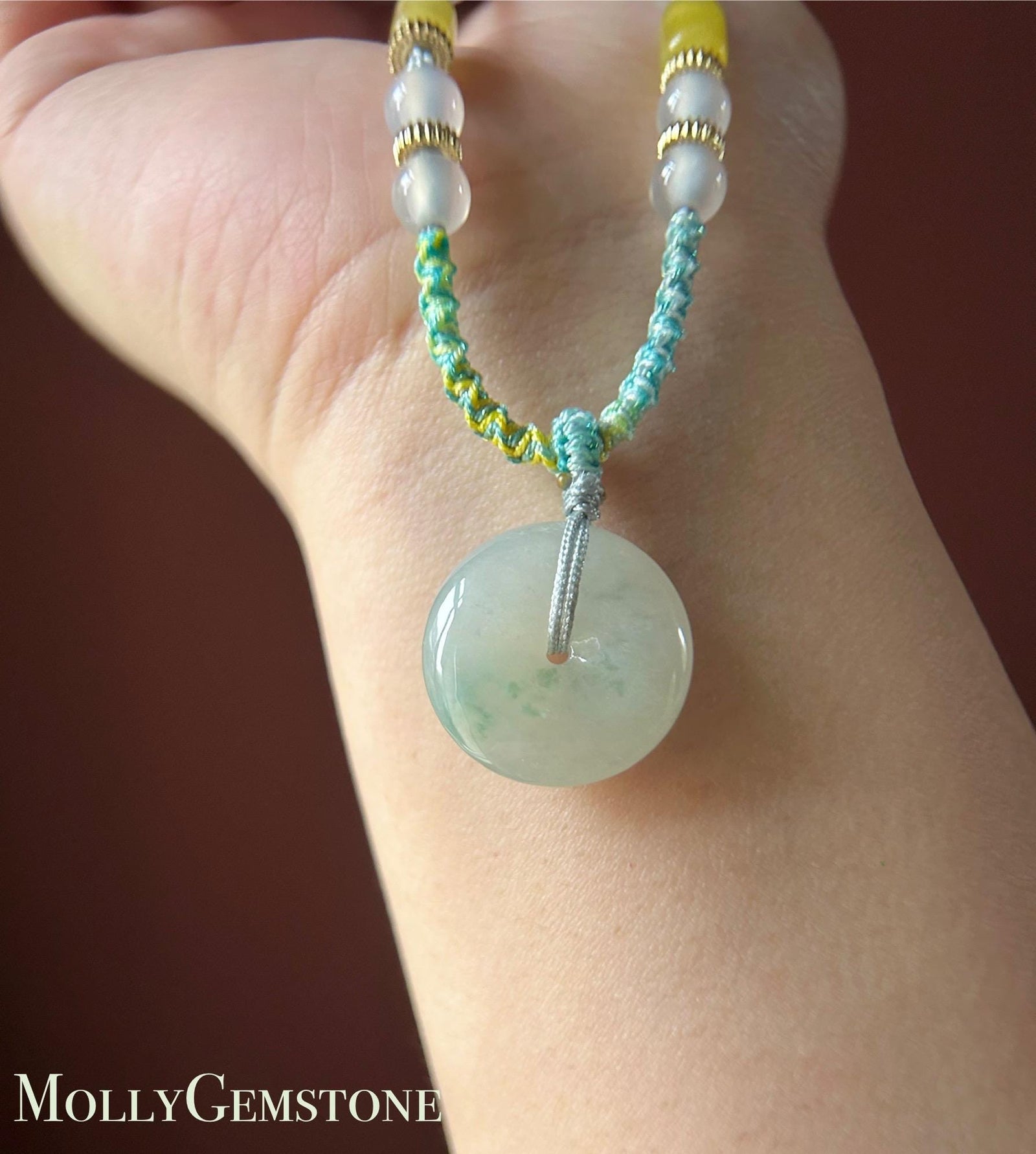 Natural Jadeite Lucky Donut Pendant Handwoven Necklace Burmese Type A Icy White & Green Floral Jade PingAnKou 21.2x6.2mm