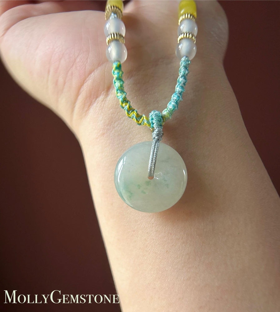Natural Jadeite Lucky Donut Pendant Handwoven Necklace Burmese Type A Icy White & Green Floral Jade PingAnKou 21.2x6.2mm