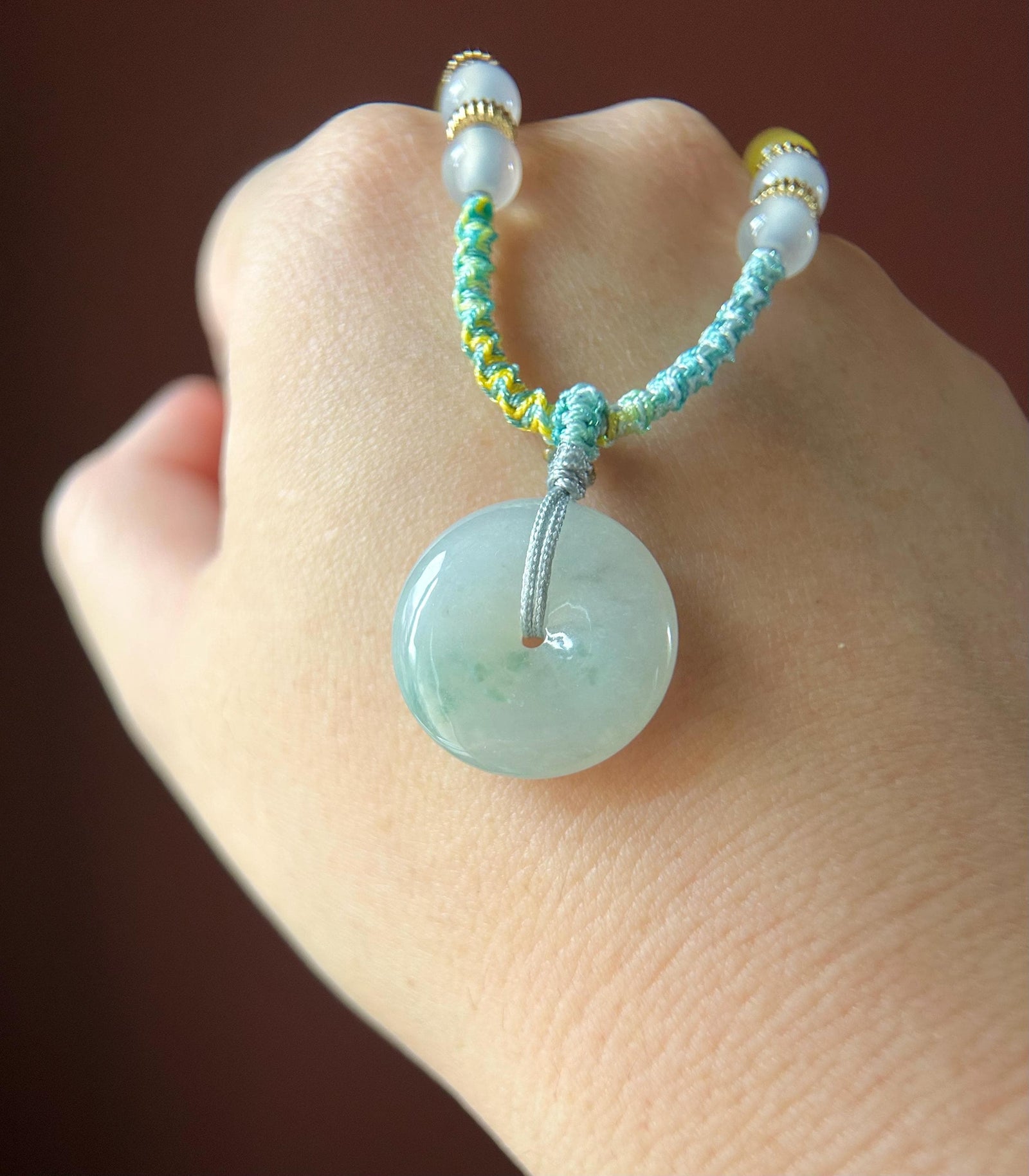 Natural Jadeite Lucky Donut Pendant Handwoven Necklace Burmese Type A Icy White & Green Floral Jade PingAnKou 21.2x6.2mm
