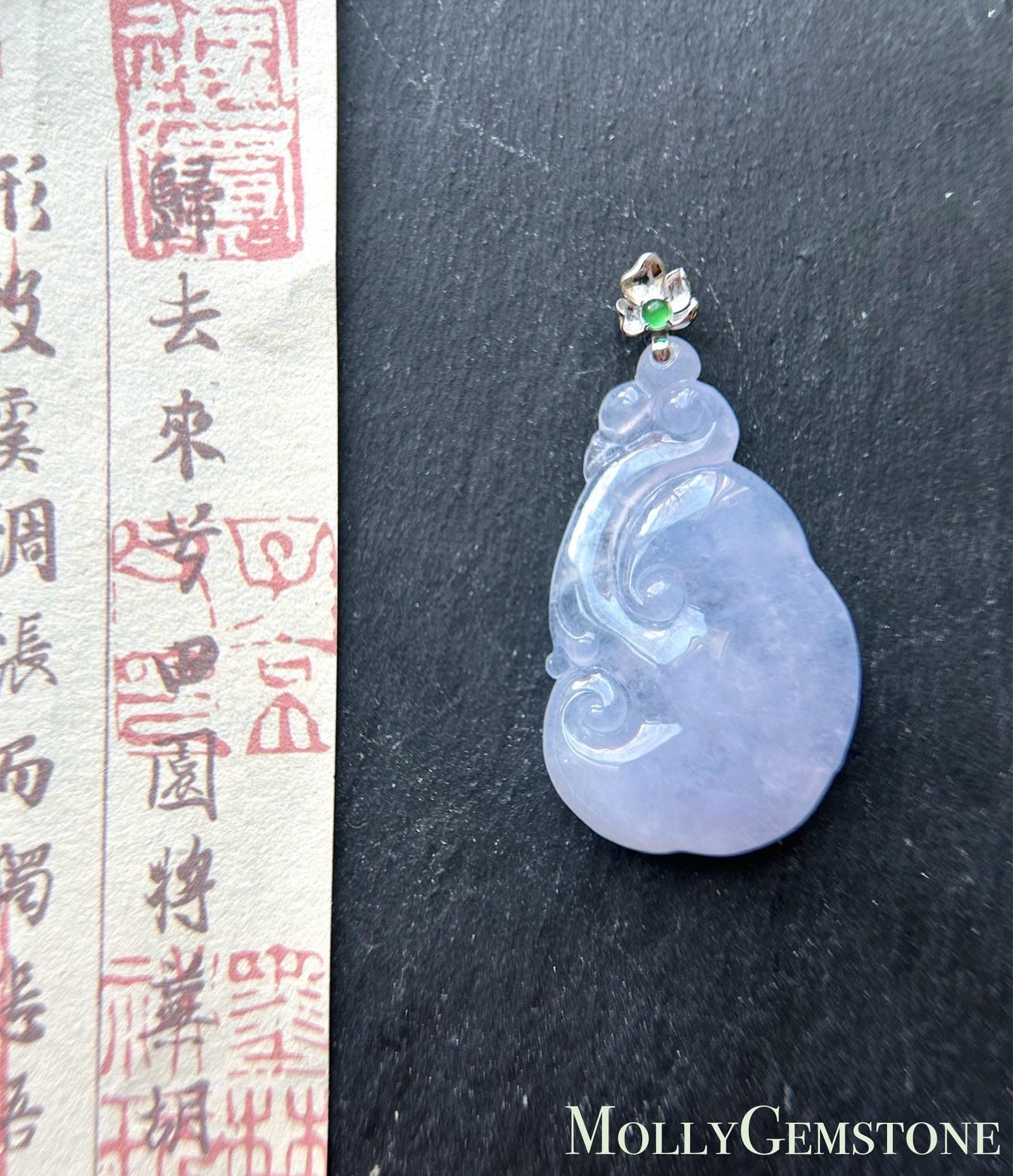 Certified Lavender Jadeite RuYi Pendant with 18k Solid Gold Bail Jewelry Natural Burmese Type A Highly Translucent Icy Purple Jade