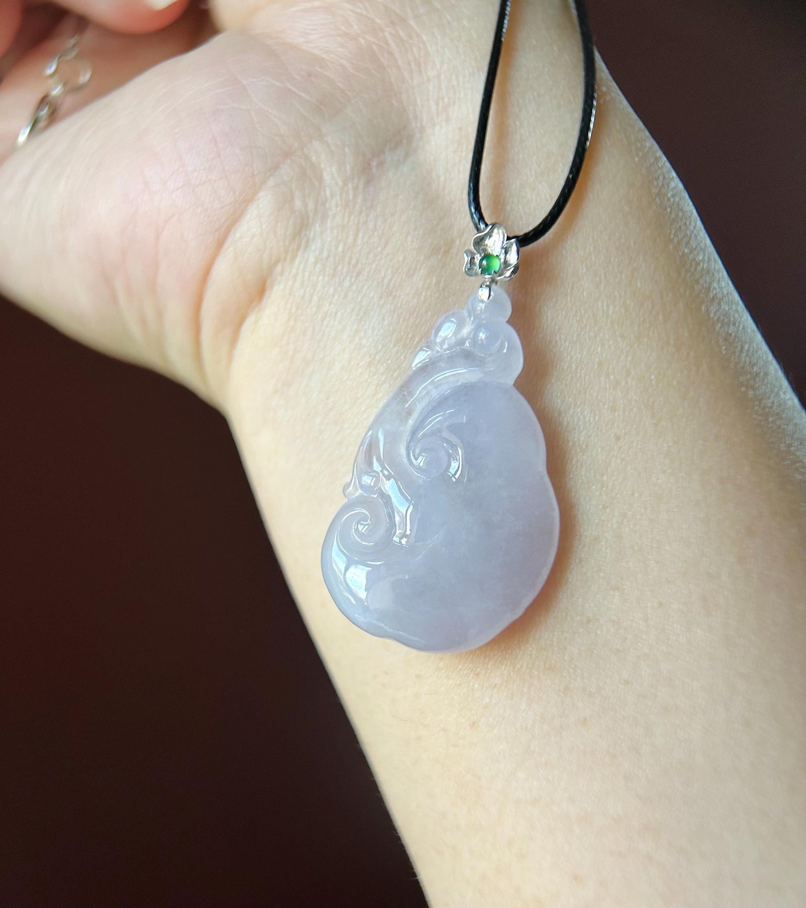 Certified Lavender Jadeite RuYi Pendant with 18k Solid Gold Bail Jewelry Natural Burmese Type A Highly Translucent Icy Purple Jade