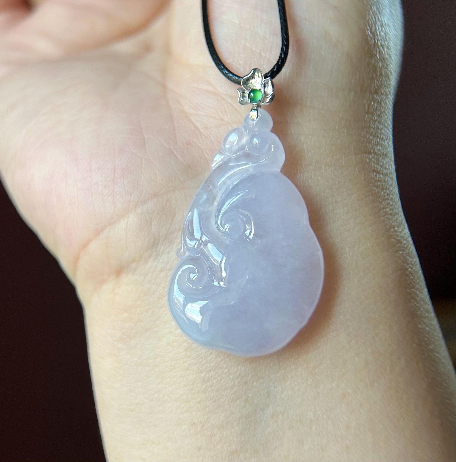 Certified Lavender Jadeite RuYi Pendant with 18k Solid Gold Bail Jewelry Natural Burmese Type A Highly Translucent Icy Purple Jade