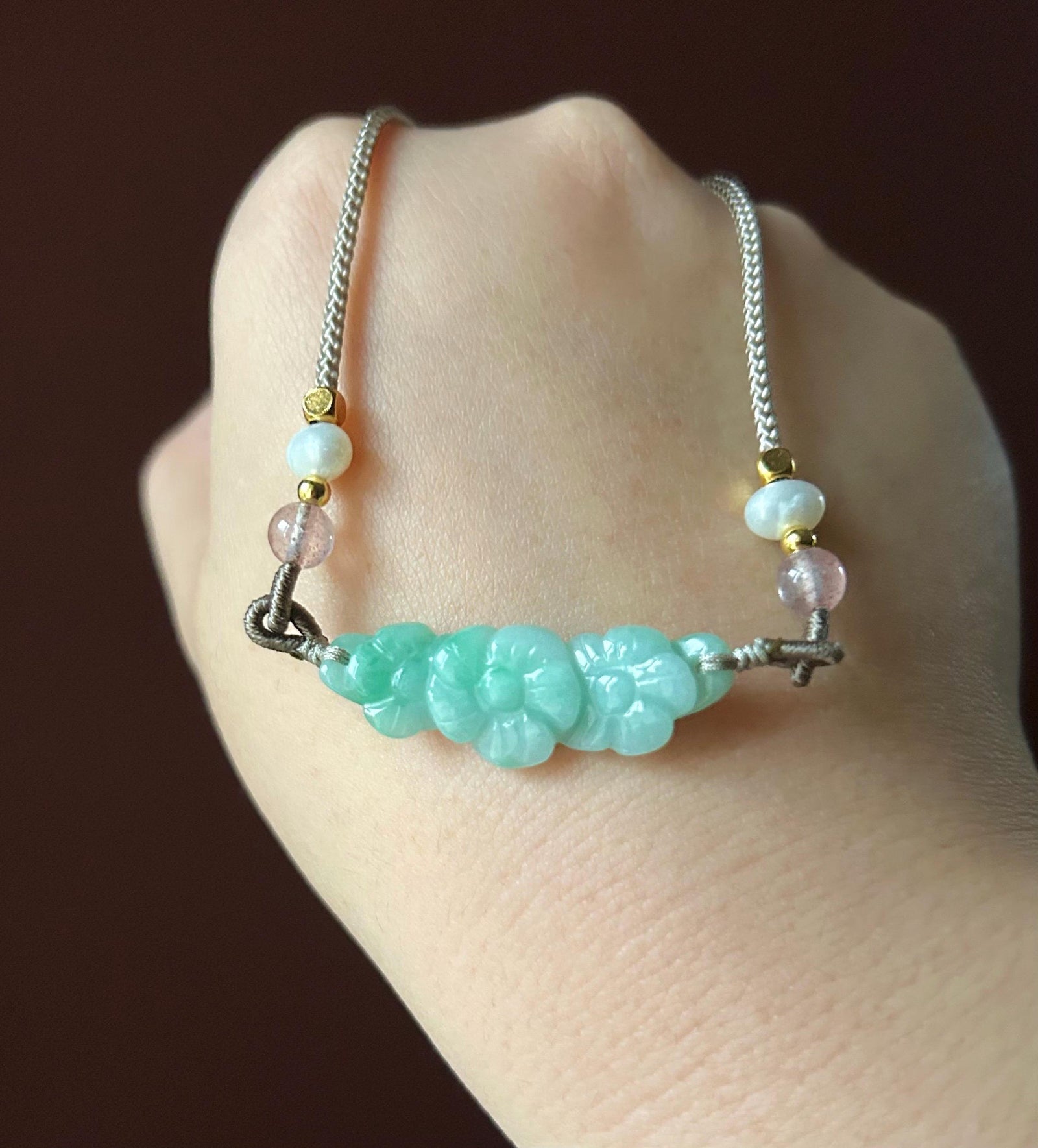 Jadeite Jade Crecent Pendant Jewelry Gift Natural Burmese Type A Translucent Icy Green Purple Yellow Jade Carved Flowers Handwowen Necklace
