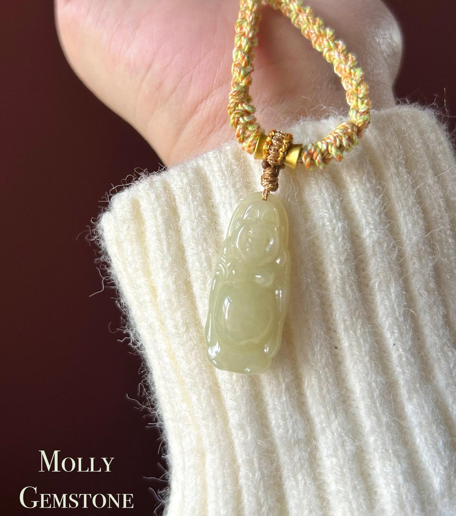 Natural Jadeite Laughing Buddha Pendant Handwoven Necklace Gift Burmese Type A Icy Translucent Yellow Jade