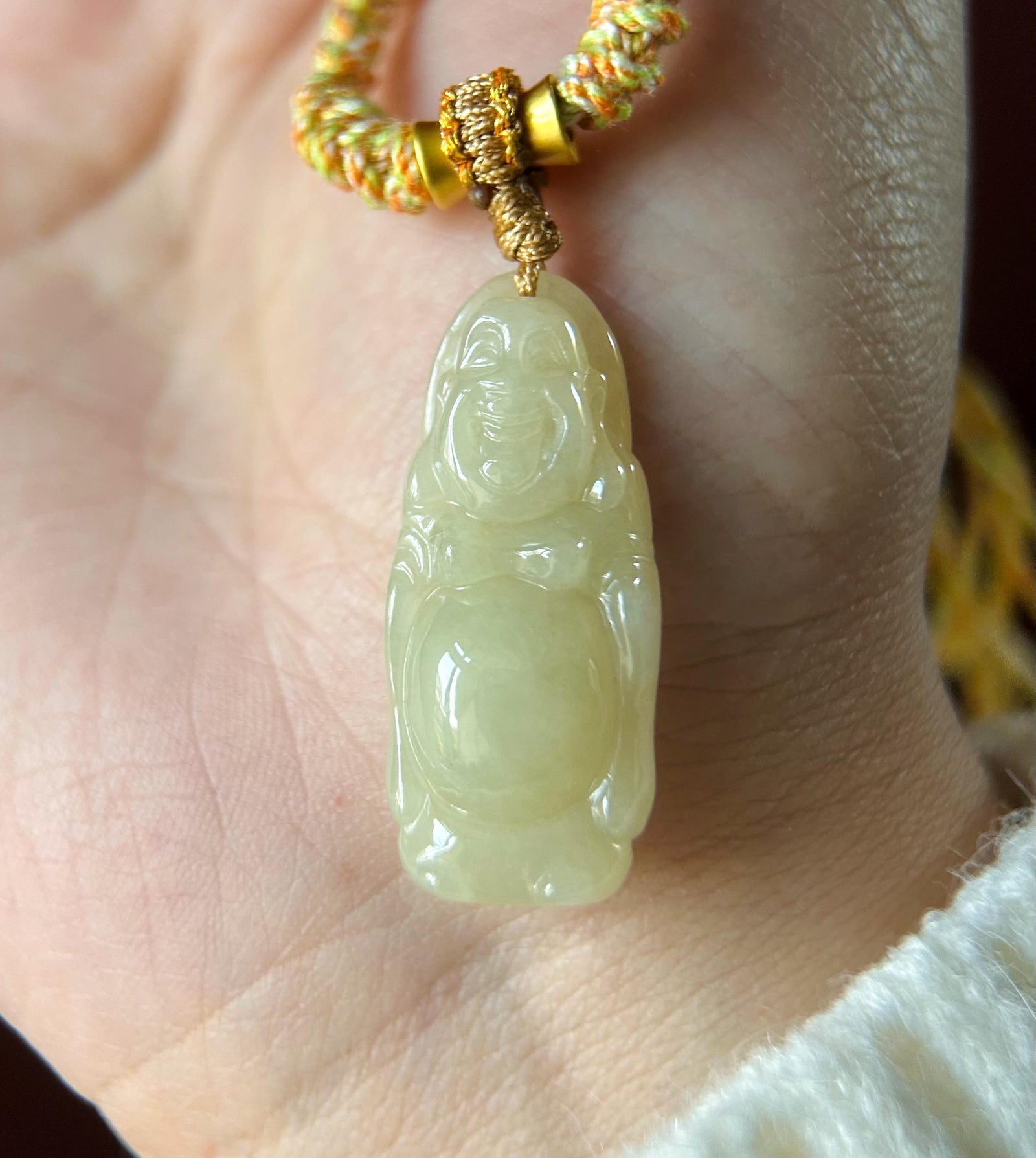 Natural Jadeite Laughing Buddha Pendant Handwoven Necklace Gift Burmese Type A Icy Translucent Yellow Jade