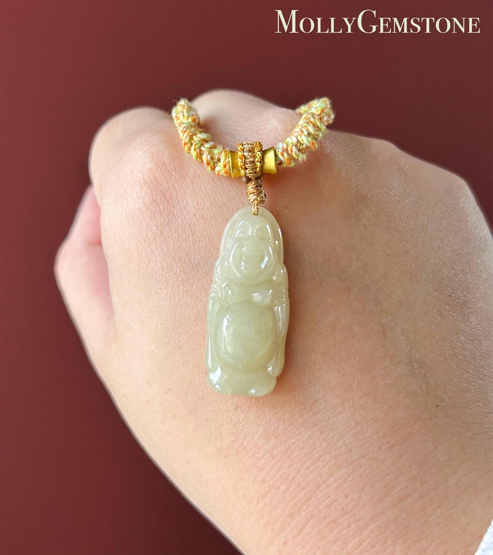 Natural Jadeite Laughing Buddha Pendant Handwoven Necklace Gift Burmese Type A Icy Translucent Yellow Jade