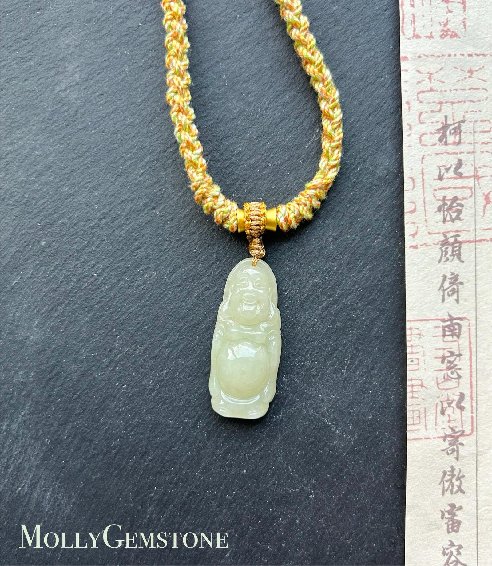 Natural Jadeite Laughing Buddha Pendant Handwoven Necklace Gift Burmese Type A Icy Translucent Yellow Jade