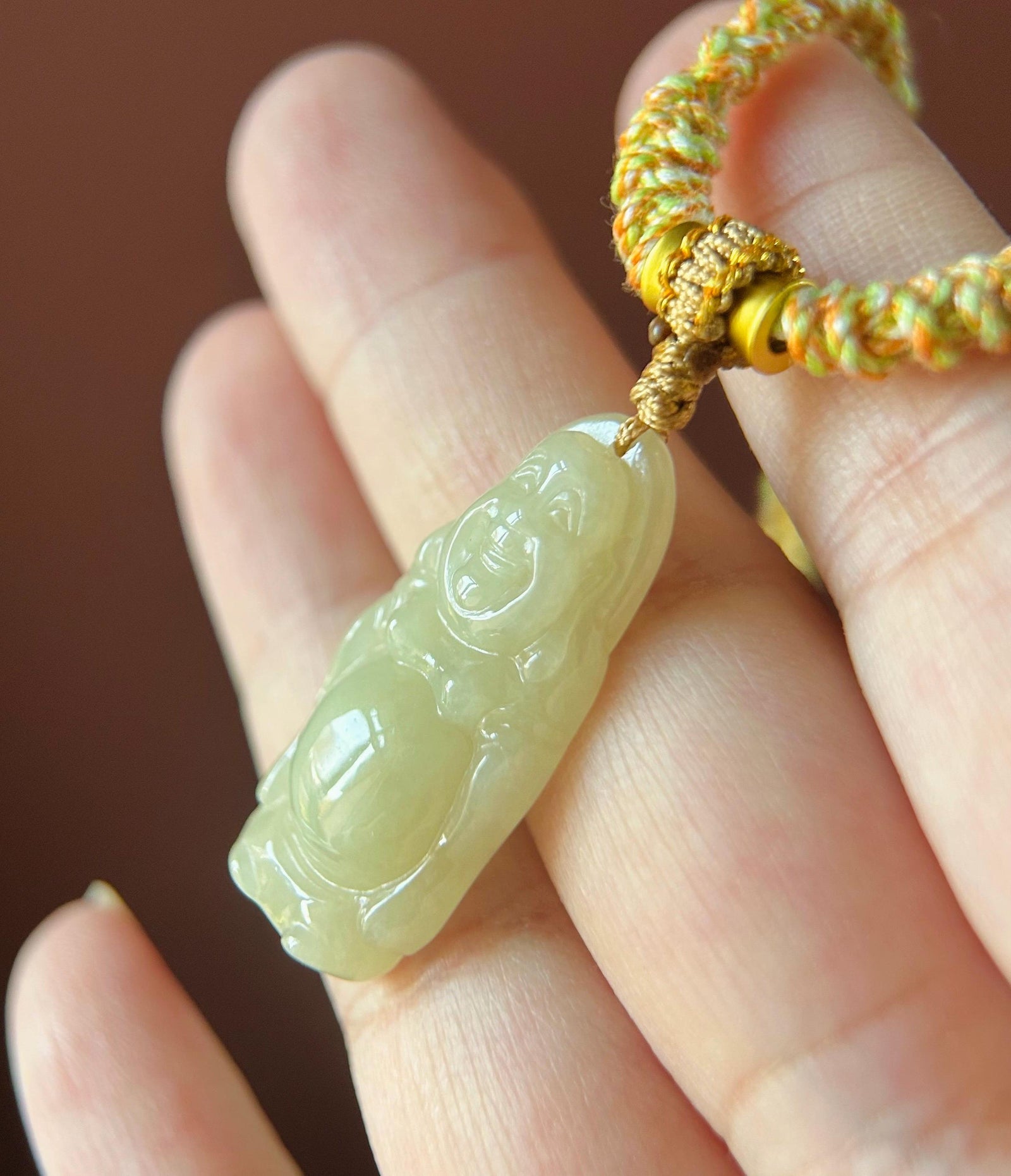 Natural Jadeite Laughing Buddha Pendant Handwoven Necklace Gift Burmese Type A Icy Translucent Yellow Jade