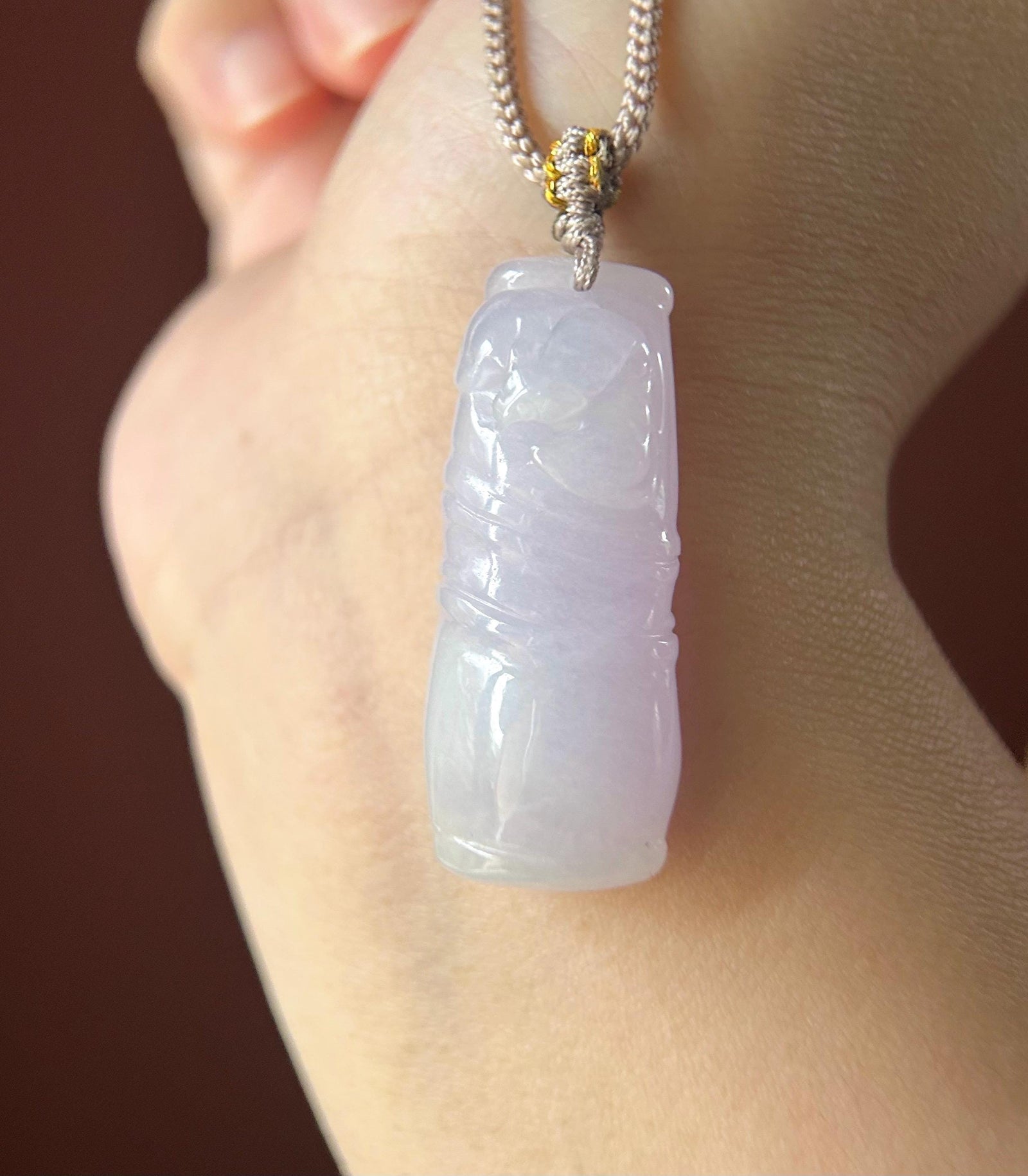 Natural Jadeite Bamboo Pendant Handwoven Necklace Burmese Type A Highly Translucent Icy Lavender Purple Jade