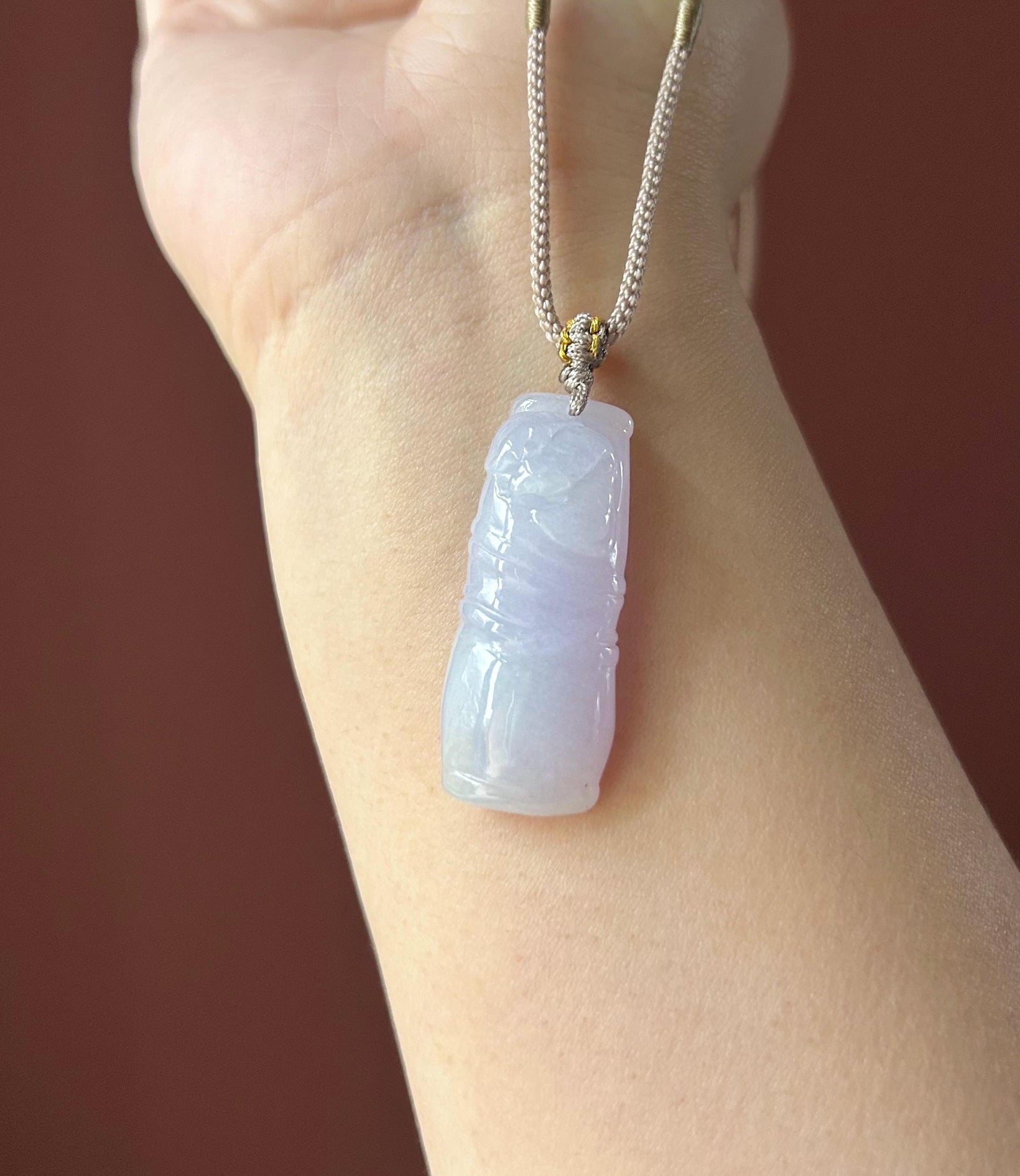Natural Jadeite Bamboo Pendant Handwoven Necklace Burmese Type A Highly Translucent Icy Lavender Purple Jade